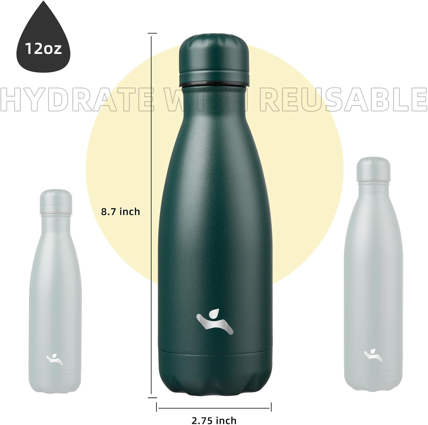 Insulated Water Bottles,12 Oz Double Wall Stainless Steel Vacumm Metal Flask for Sports Travel,Army Green