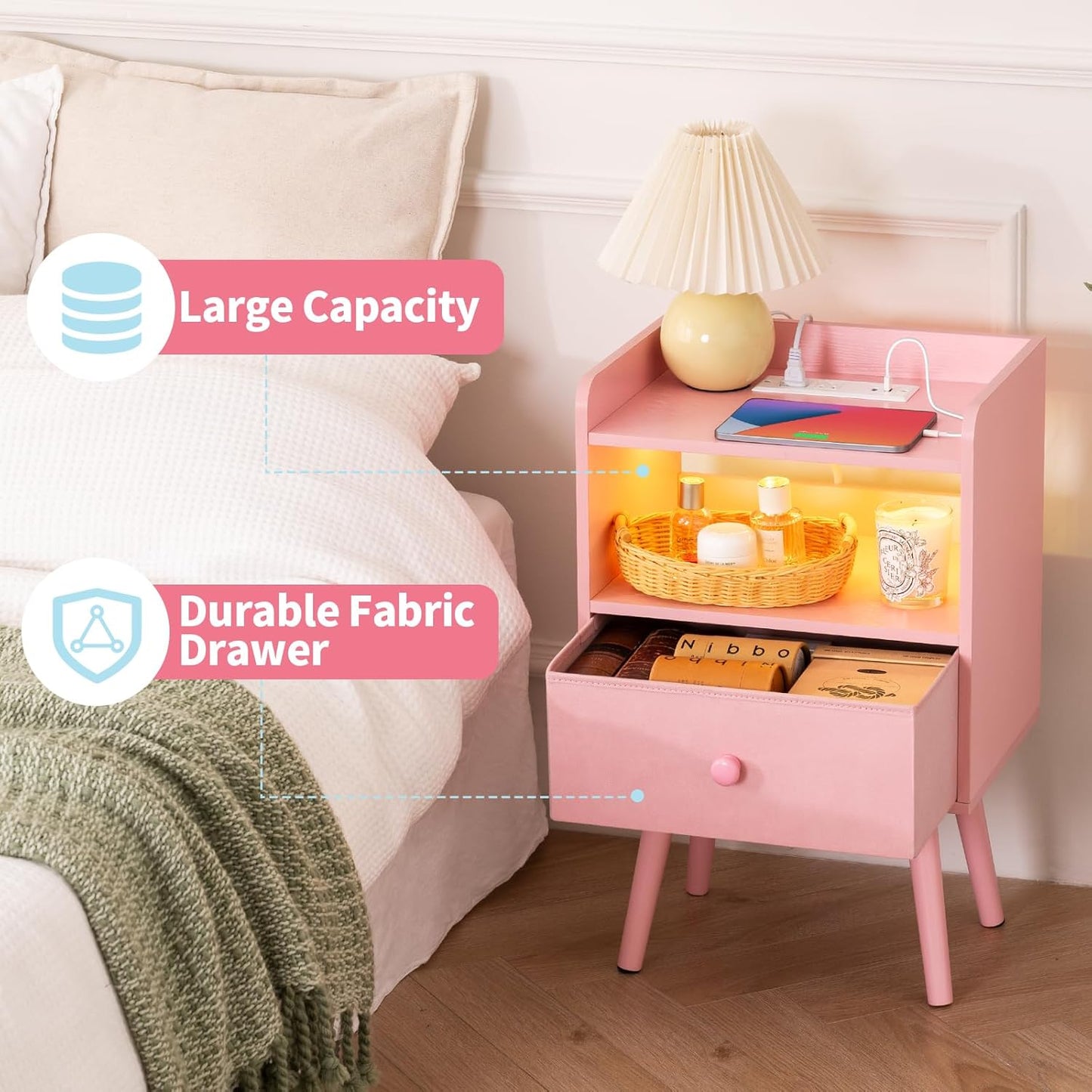 Nightstand with Charging Station, Modern Night Stand with LED Lights, Wood Nightstands with Fabric Drawer & Storage Shelf, Night Stands Bedside Table with USB Ports for Bedroom, Office, Home