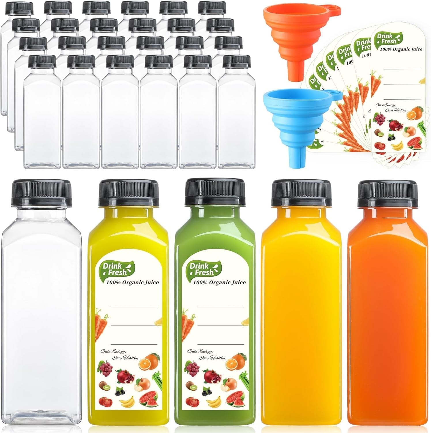 12 Pack, 12 OZ Reusable Plastic Juice Bottles with Caps, plus 12 Labels & 2 Silicone Funnels - Clear Juicing Bottles for Juice, Smoothies, Ginger, Tea, Coffee - Food Grade & Leakproof Travel Bottles