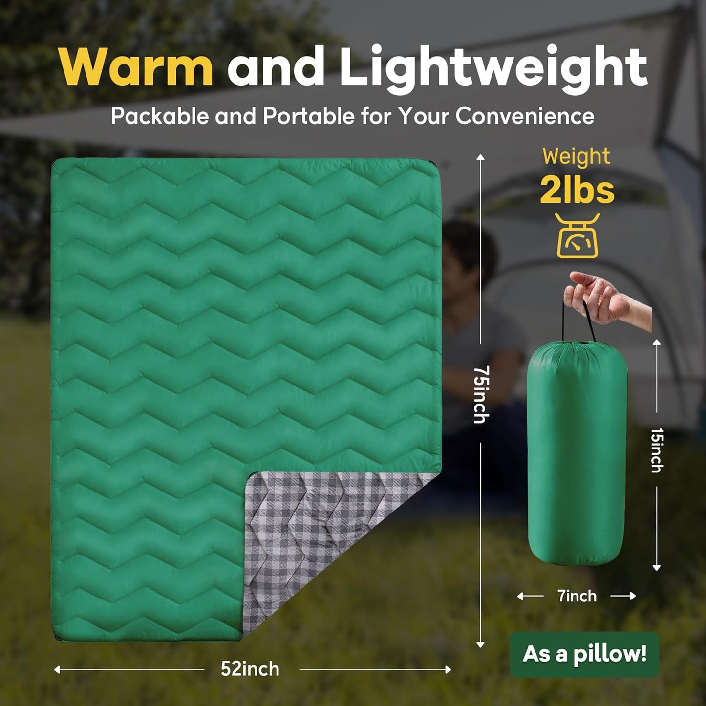 Lightweight & Waterproof Outdoor Camping Travel Blanket, Puffy down Alternative with Corner Loops, 75"52", Green