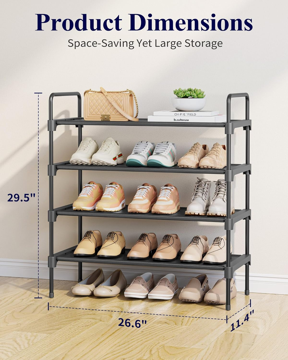 4-Tier Shoe Rack - Metal Shoe Organizer and Shoe Shelf with Handle, Easy-Assembly, Sturdy Shoe Rack for Closet, Entryway, Bedroom (Black, 26.6'' X 11.4'' X 29.5'')