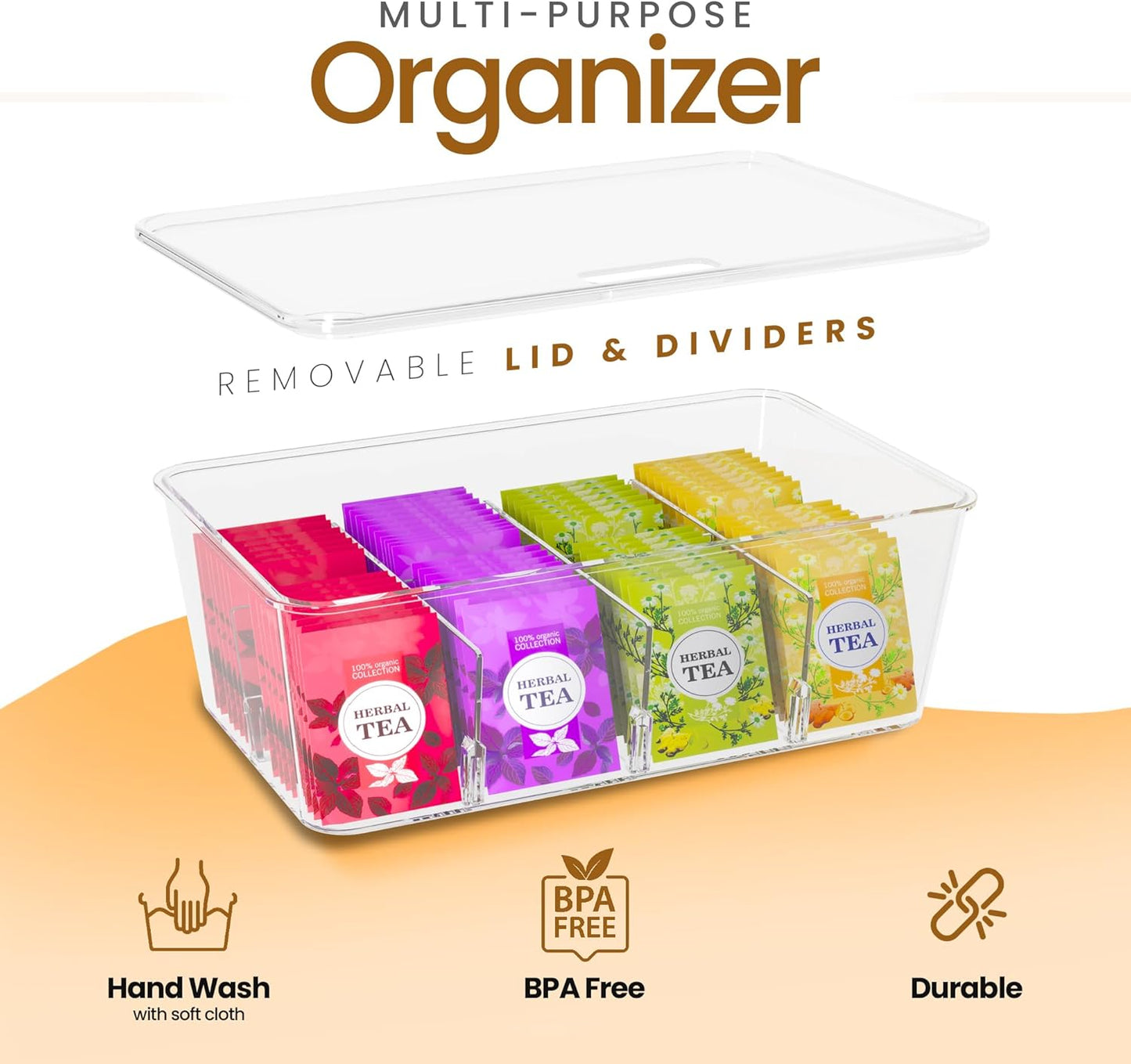 Tea Bag Organizer with Lids – 3 Pack Stackable Pantry, Cabinet & Fridge Storage Organizer for Kitchen, Snacks & Spices