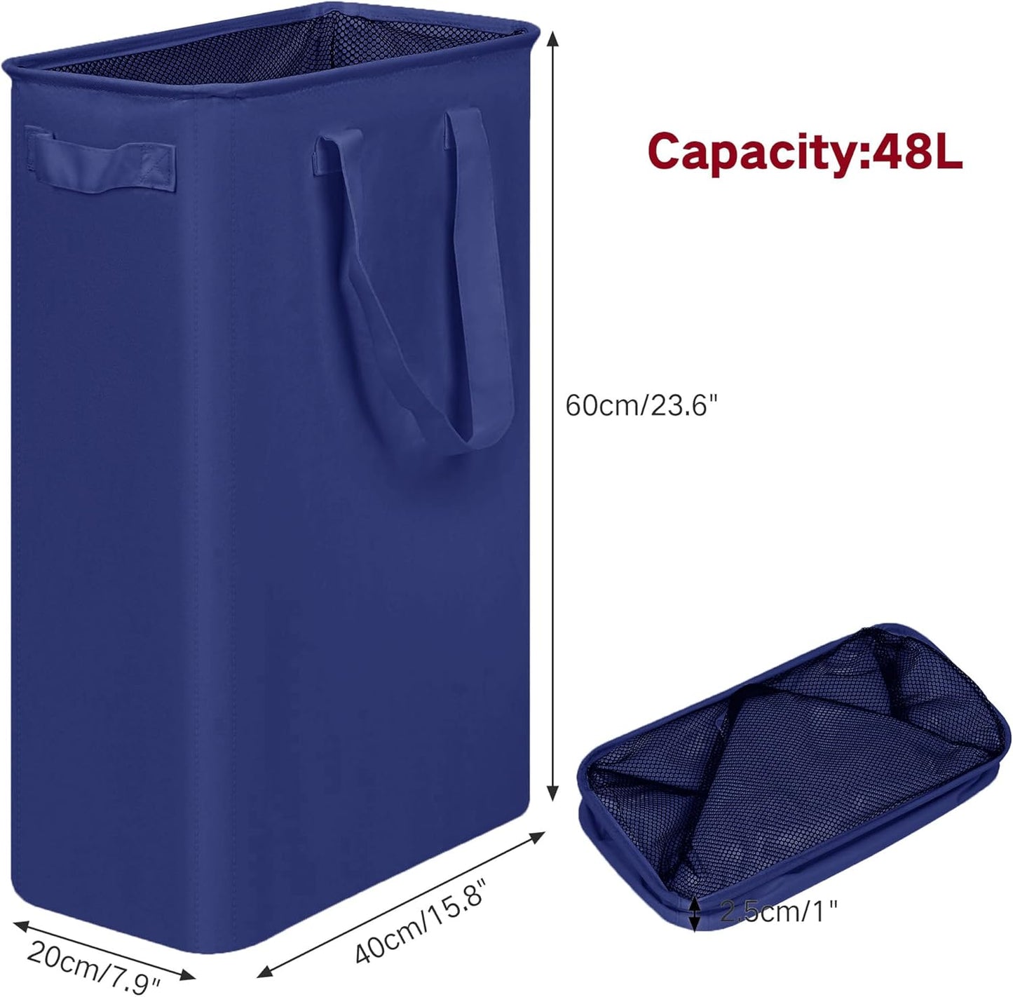 Slim Laundry Basket, Narrow Laundry Hamper with Handles, Collapsible Dirty Clothes Hamper, Tall Laundry Bin for Laundry Room, Dorm and Bedroom, 12.7 Gallons(48L) Blue
