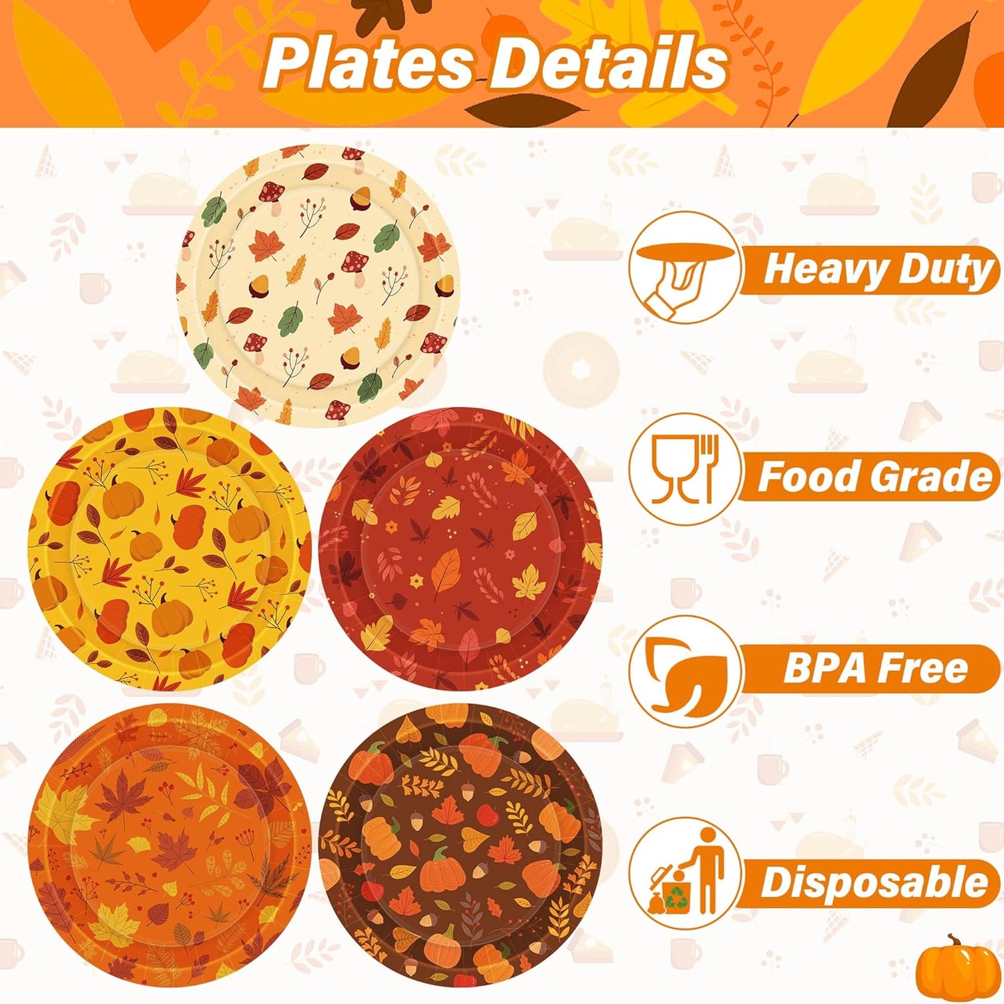 50 PCS Thanksgiving Paper Plates, 9" Disposable Thanksgiving Plates, 5 Styles Fall Party Tableware with Maple Leaves Pumpkins, Harvest Party Plates for Autumn Dinnerware Party Supplies