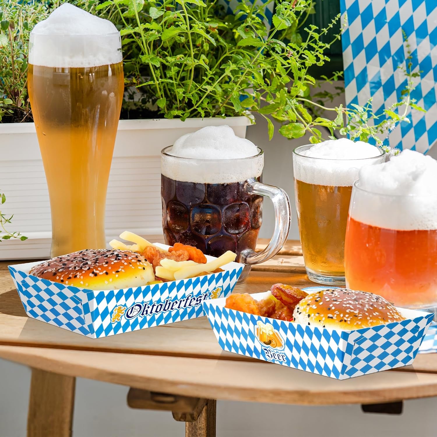 50 PCS Oktoberfest Paper Food Tray, Blue White Oktoberfest Party Supplies with 3 Designs, Disposable Oktoberfest Decorations, Fold-To-Assemble Boat Beer Festival Food Tray for Bavarian Celebration