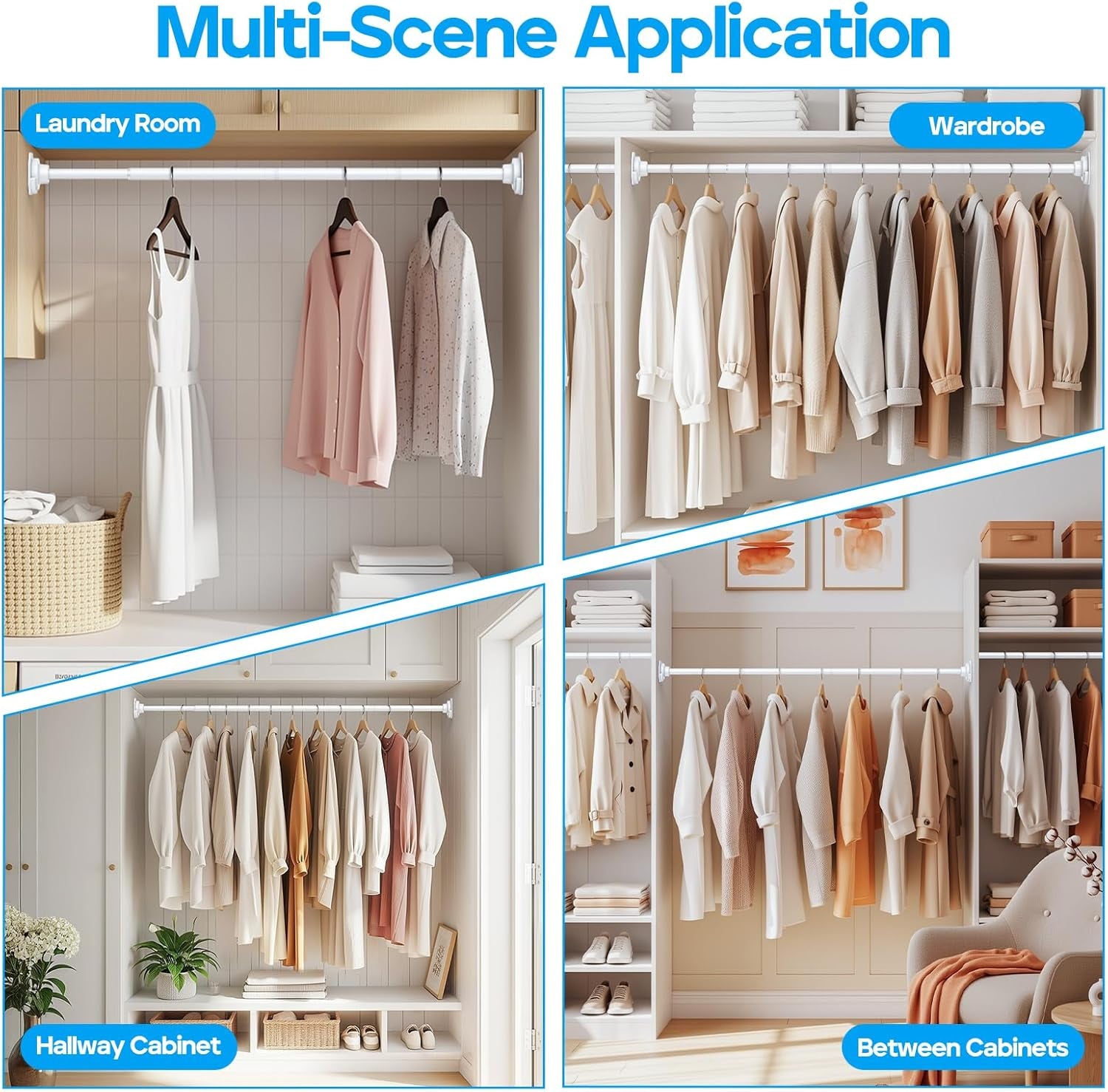 Closet Rod 28 to 48 Inch Closet Rods for Hanging Clothes Adjustable Closet Rod 1 Inch Diameter Heavy Duty Closet Hanging White Tension Rods for Closet Laundry RV, Bathroom, Window, Curtains