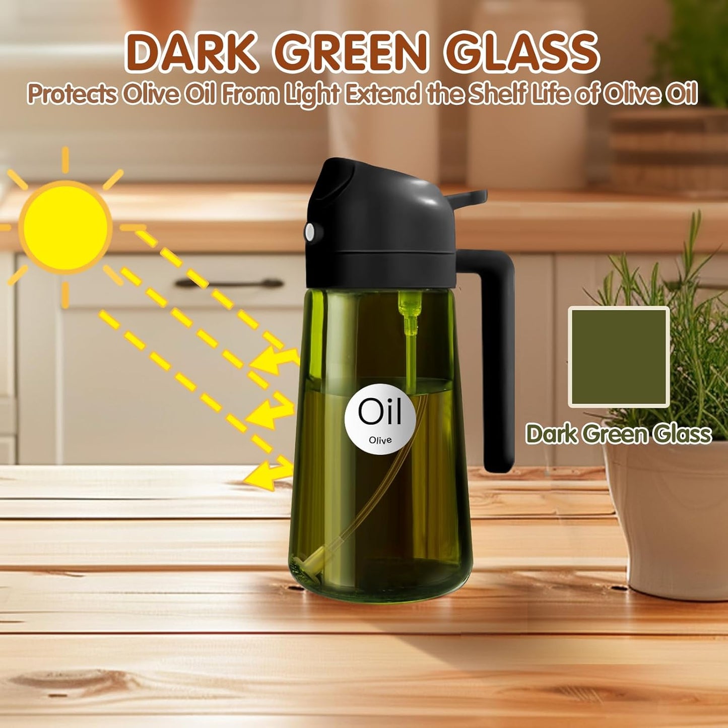 16Oz/470Ml Light-Blocking Dark Oil Sprayer for Cooking, 2 in 1 Olive Oil Dispenser Bottle for Kitchen, Premium Dark Green Glass Oil Bottle, Food-Grade Oil Mister for Air Fryer, BBQ (Black)