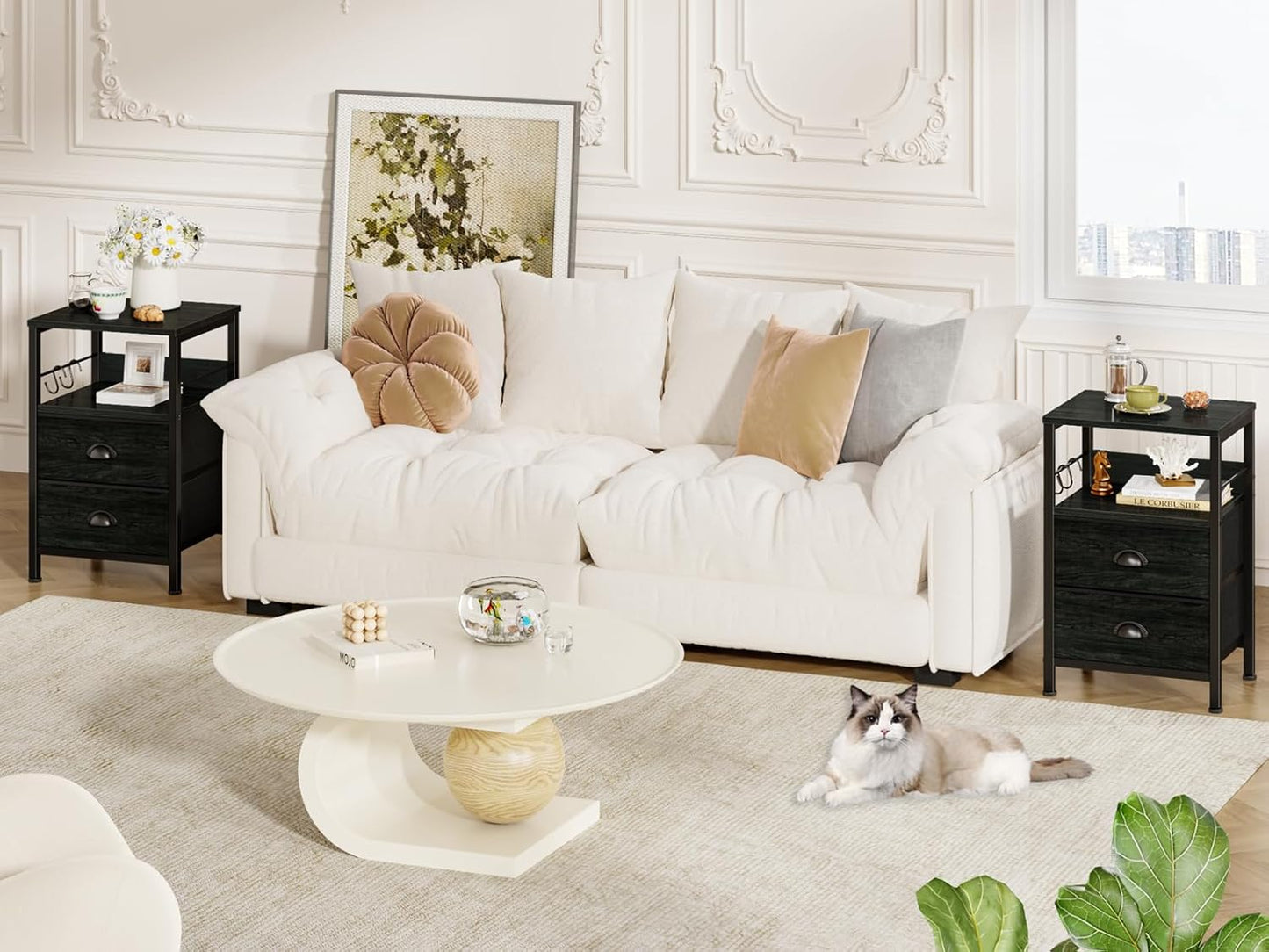 Nightstands Set 2, End Tables with 2 Fabric Drawers, Bedside Tables with Hooks and Shelf, Side Tables for Bedroom/Living Room/Study/Black Oak