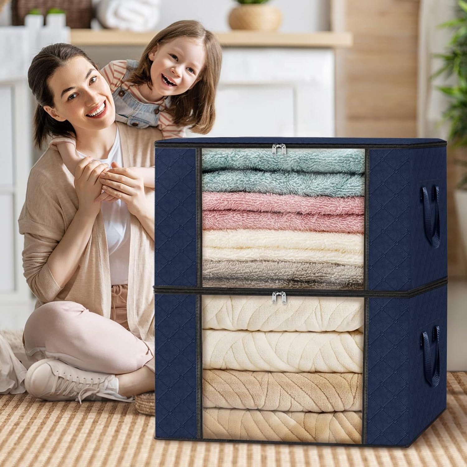 2 Pack Clothes Storage, Foldable Thick Fabric Blanket Storage Bags, Containers for Organizing Bedroom, Closet, Clothing, Comforter,Closet Organization with Handle,Blue