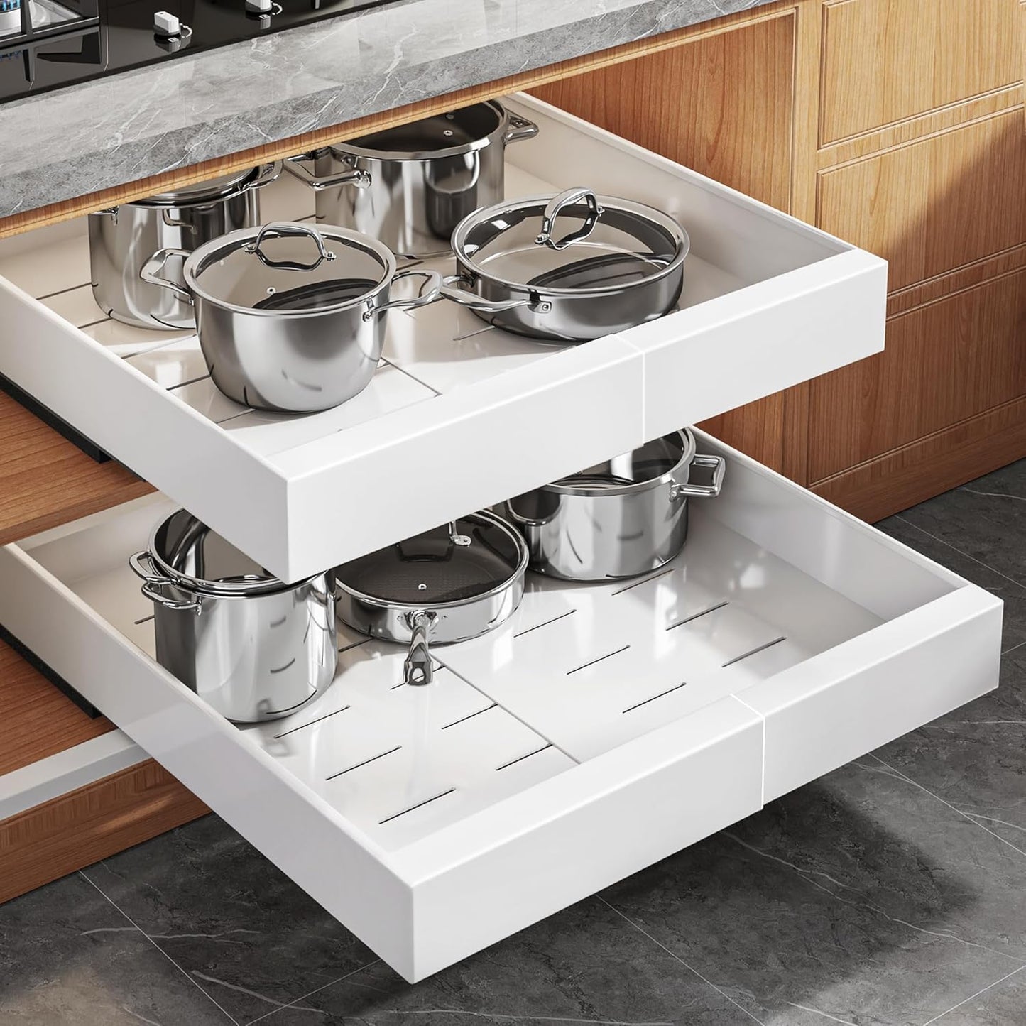 Expandable Pull-Out Cabinet Organizer Set - 21" Deep with Adjustable Width (12.05"-20.4") for Framed Cabinets, Featuring 3 Slide Rails and Adhesive Roll-Out Shelves - White Finish