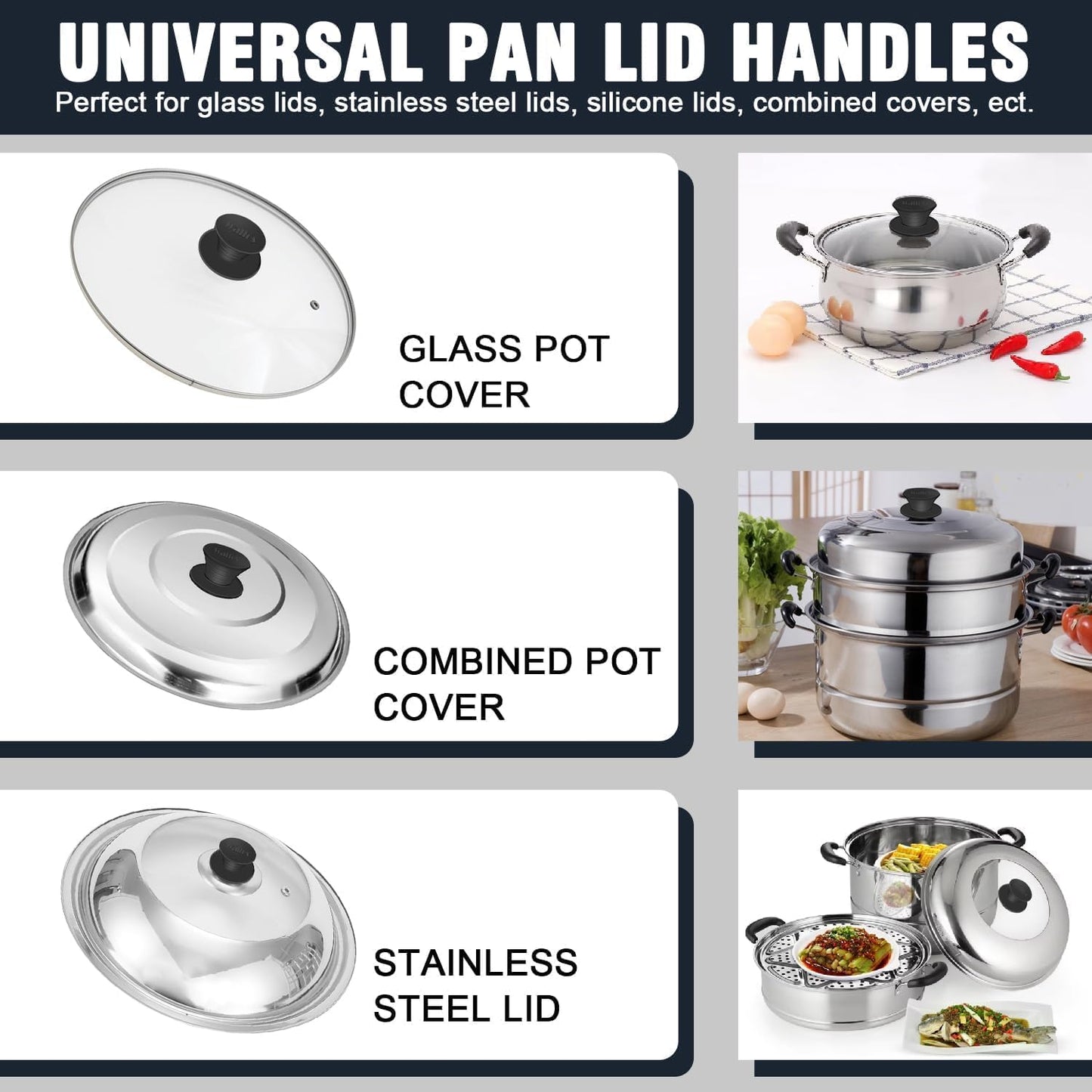 Universal Pot Lid Knob, Non-Slip Pot Lid Replacement Knobs with 3 Raised Coils, Heat Resistant Silicone Pan Lids Handle for Kitchen Cookware Lids, BPA Free and Dishwasher Safe