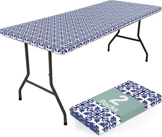 2 Pack 6 Foot Rectangle Picnic Tablecloth, Elastic Fitted Waterproof Table Cover, Windproof Washable Polyester Table Cloth for Camping, Indoor and Outdoor (Navy, 30" X 72")