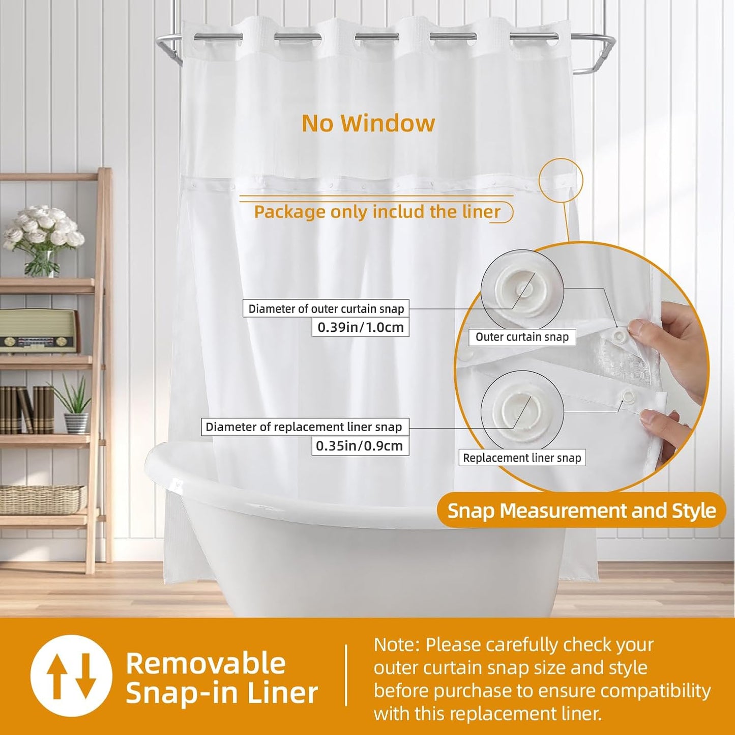 1 Pack Fabric Snap-In Shower Curtain Liner Replacement,Compatible with No Hook Shower Curtain with Snap in Liner, Removable & Water-Repellent,Machine Washable,70X54,White