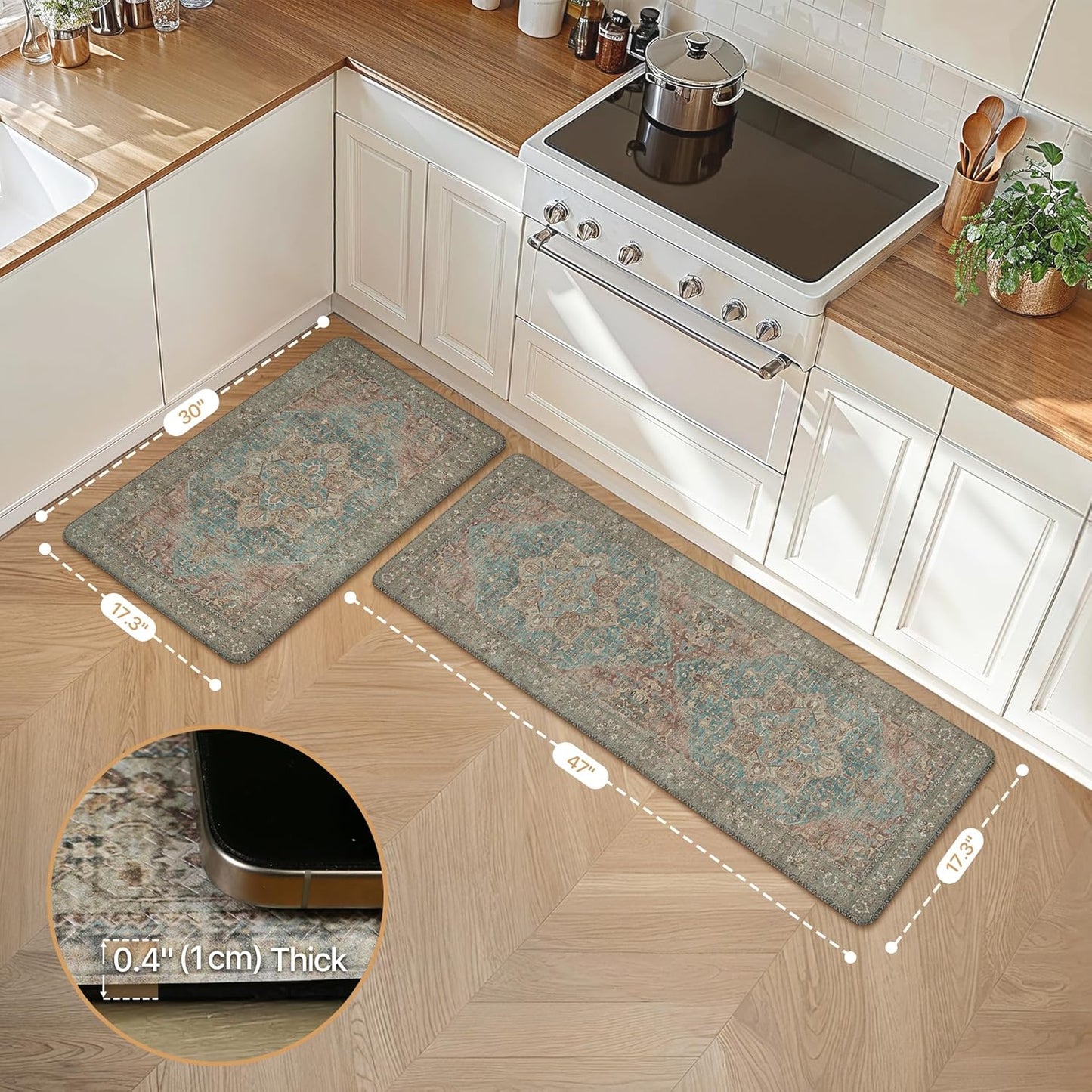 Kitchen Mats for Floor, 2PCS Kitchen Rugs Non Slip Washable, Waterproof anti Fatigue Mat, Comfort Standing Runner Rug for Sink, Office, Laundry, Home, 17.3"X47"+17.3"X30", Red&Brown