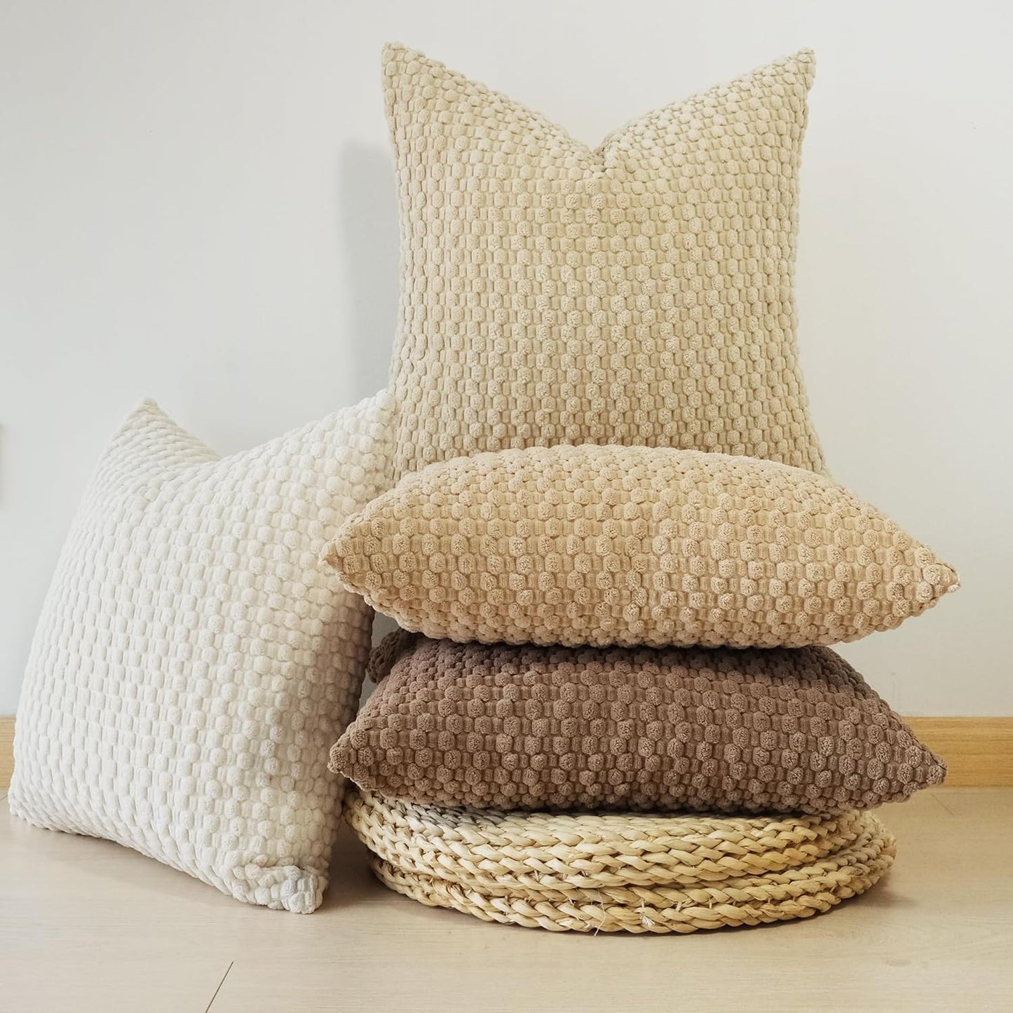 Pack of 4 Neutral Decorative Throw Pillow Covers Farmhouse Boho Home Decor Striped Corduroy Square Pillowcases 18 X 18 Inch Beige Chocolate