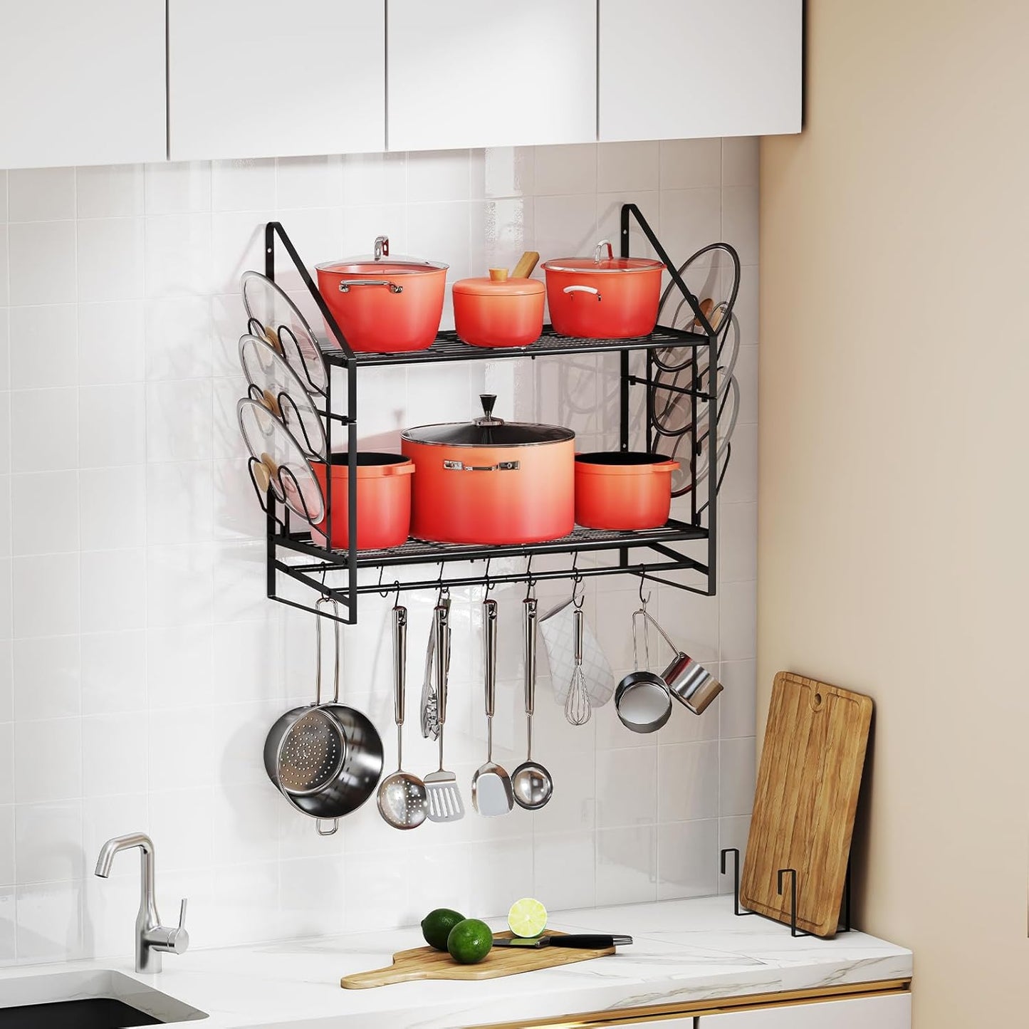 Pot Rack Wall Mounted - Double Layer Hanging Pot and Pan Rack for Kitchen with 12 Hooks as Pot and Pan Organizer, Includes 6 Lid Holders for Pot Hanger Storage, Length 33.46", Spacing 13.39"
