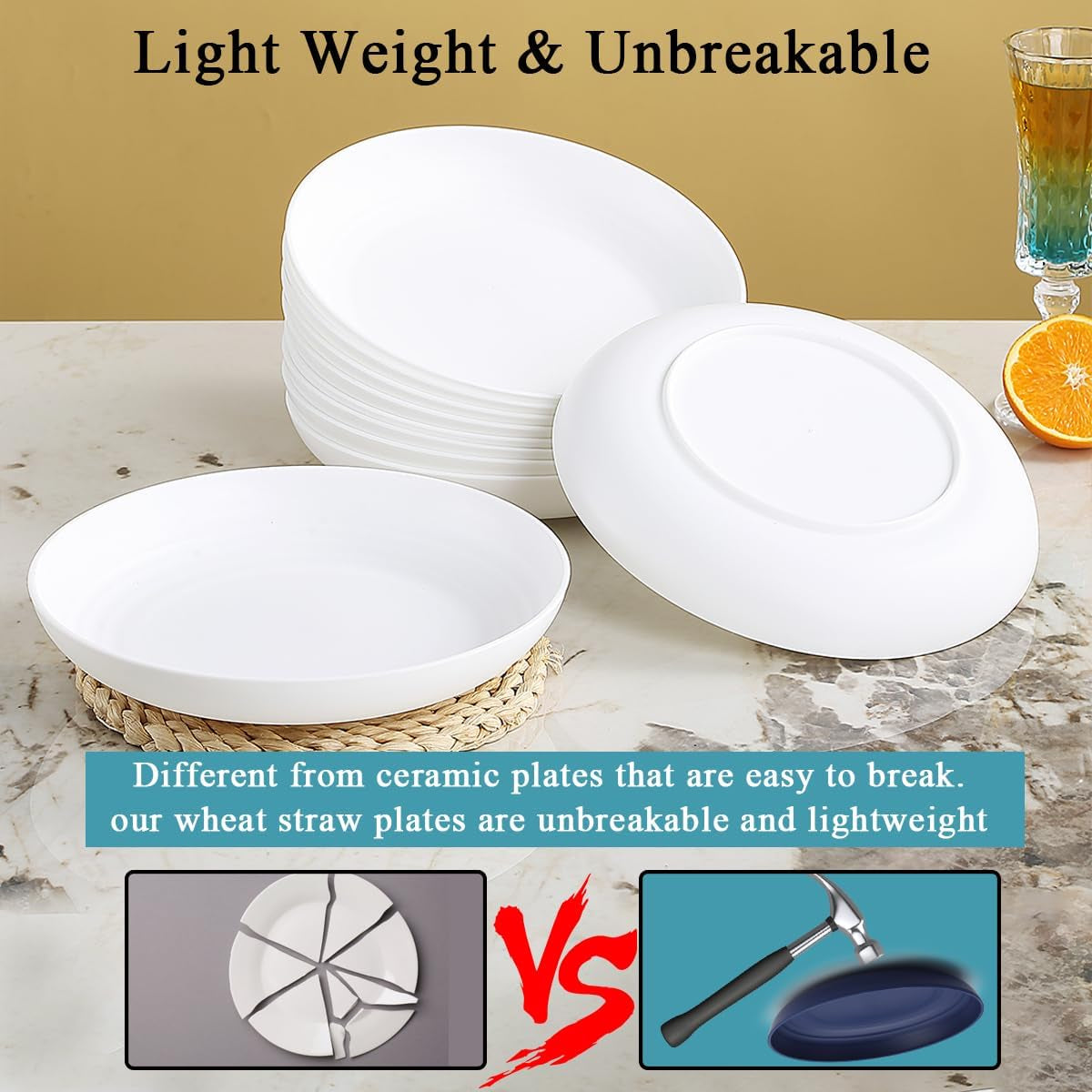 Set of 12 Durable 9-Inch White Plastic Plates - Reusable Unbreakable Dinnerware for Home, Kids, and Outdoor Activities
