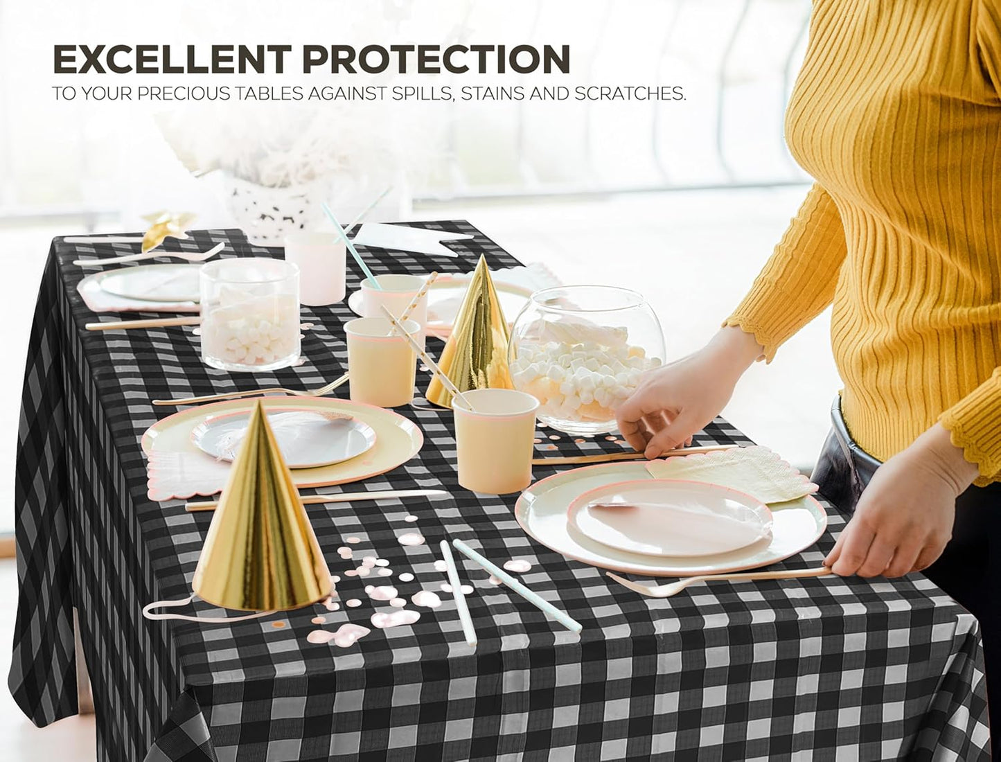 Plastic Table Cloth Disposable (12 Pack - 54X108 Inch) Black Check Rectangle Tablecloth Waterproof Stain Resistant Party Table Cover