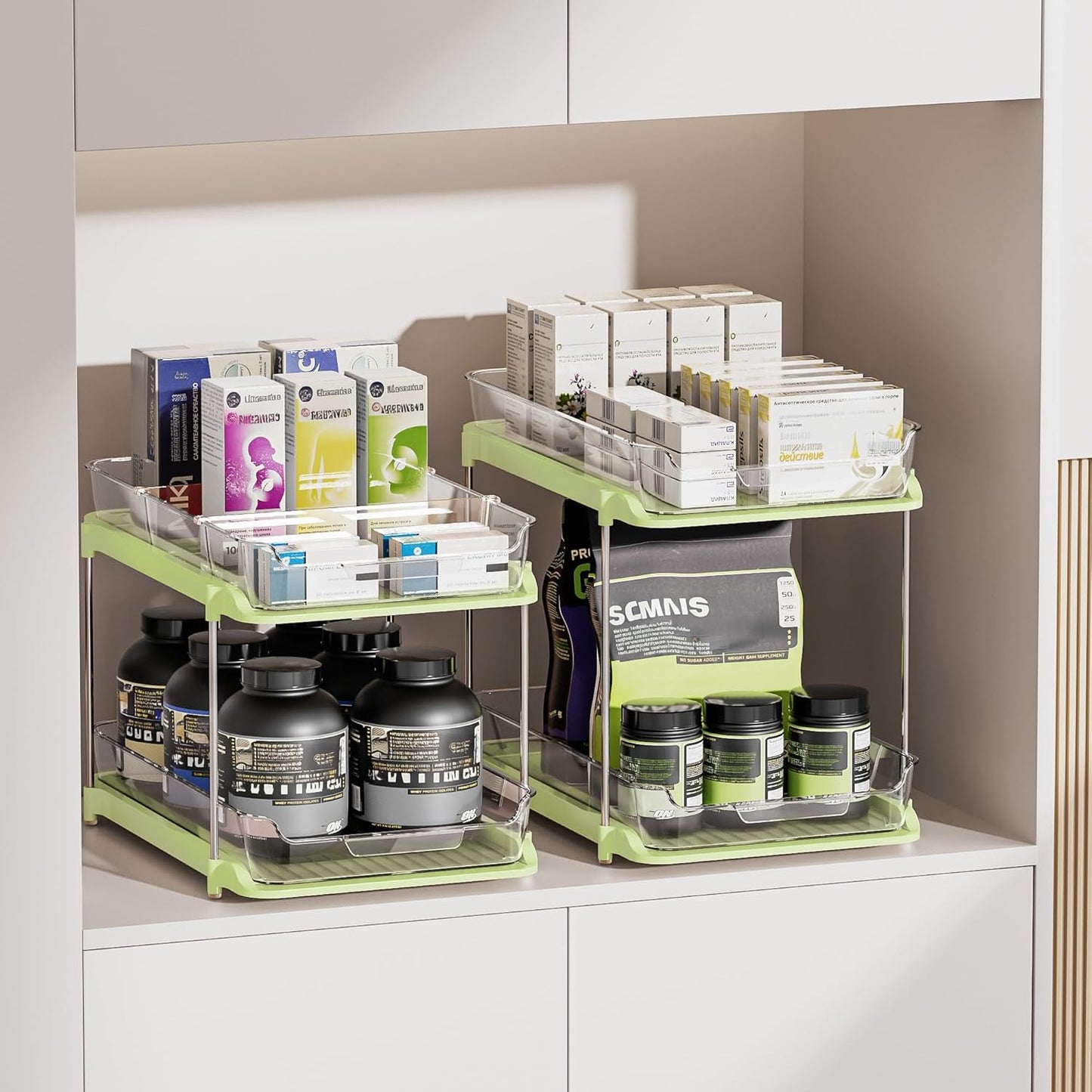 2 Sets of 2-Tier Multi-Purpose Bathroom under Sink Organizers and Storage, Stackable Kitchen Pantry Organization, Pull Out Medicine Cabinet Organizer with 8 Movable Dividers, Green