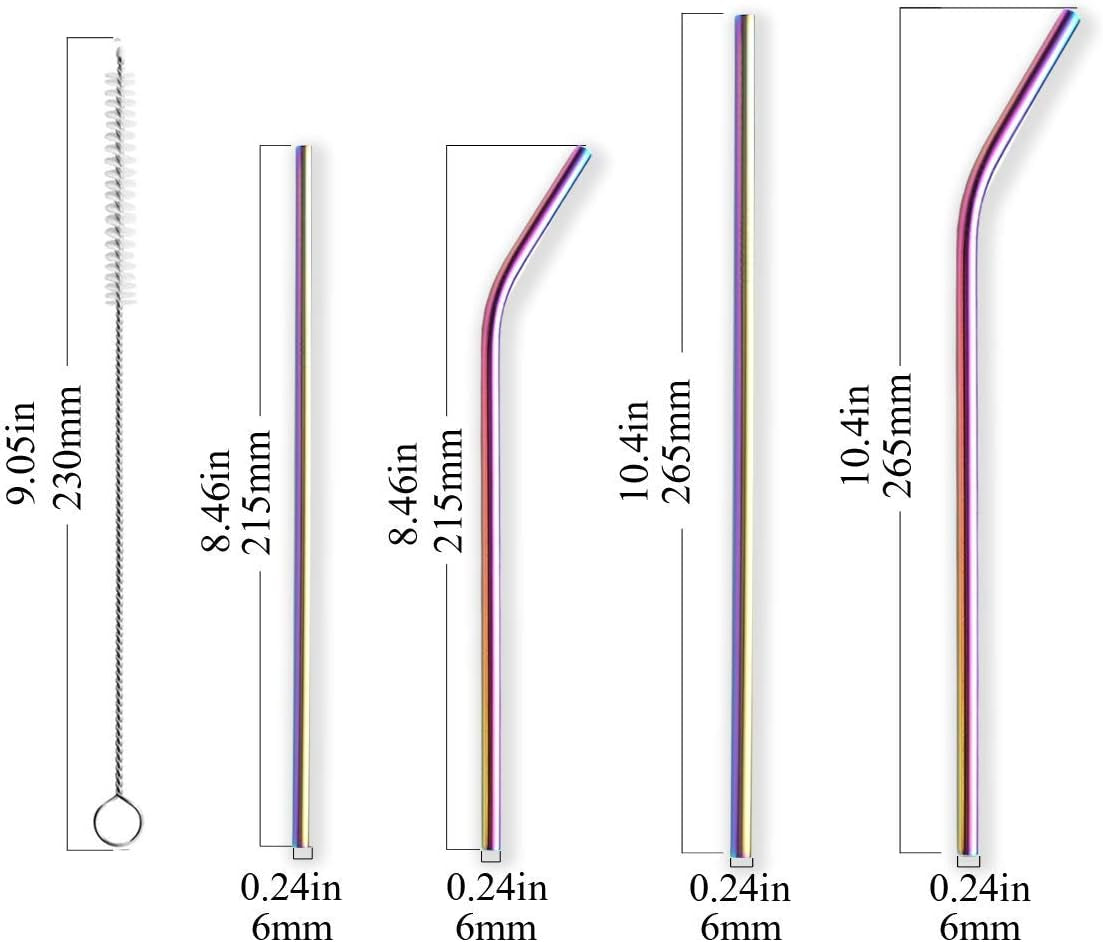 Premium Reusable Titanium-Plated Stainless Steel Colorful Drinking Straws - Straight and Bent Metal Straws with Cleaning Brushes for Milkshakes, Frozen Drinks, Smoothies, and Bubble Tea, Set of 18