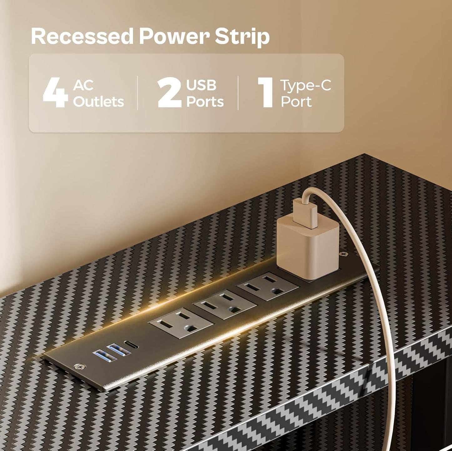 47-Inch Carbon Fibre Black Computer Desk with 4 Drawers, LED Lighting, and Power Outlets - Ideal for Home Office and Gaming with Ample Storage Space