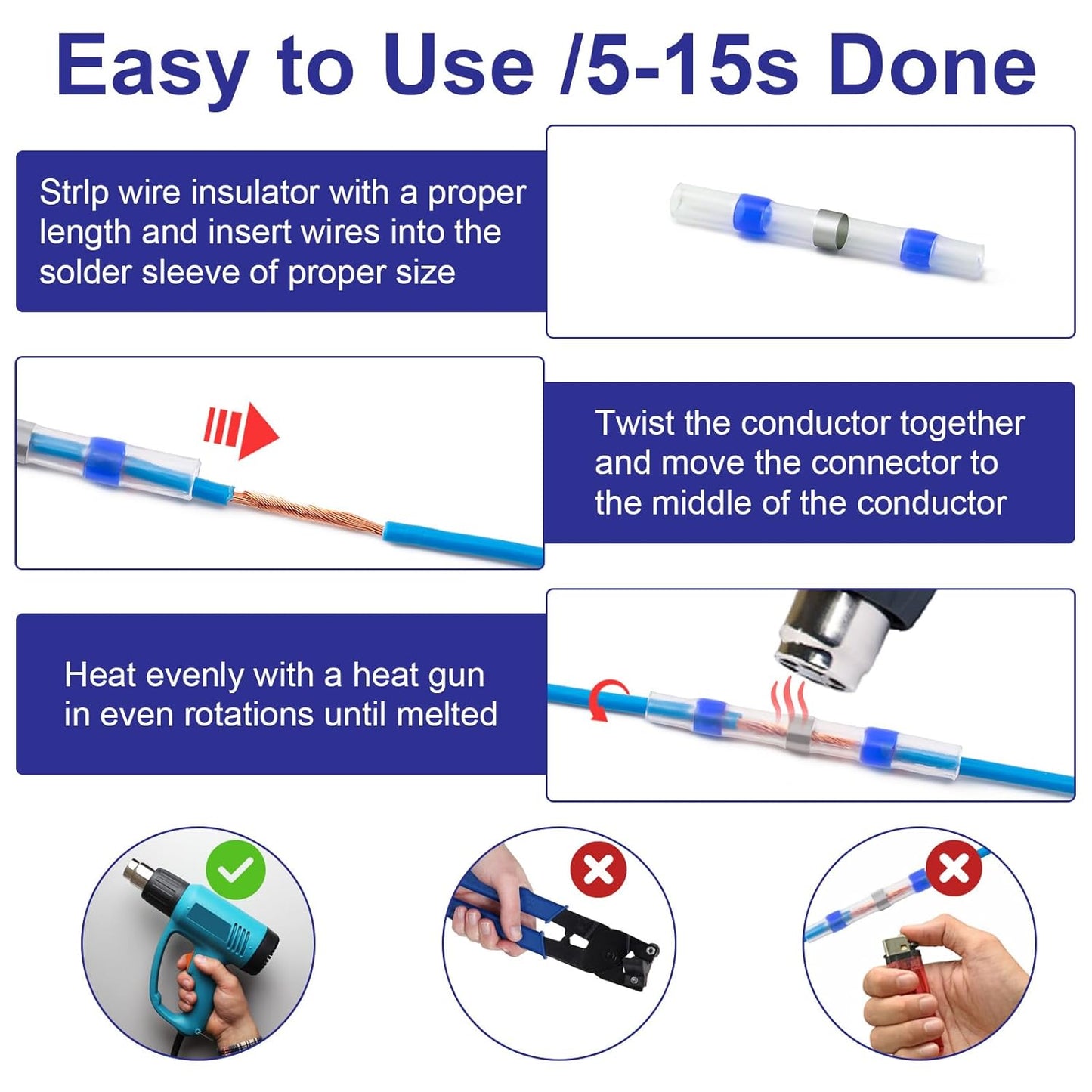 120PCS Heat Shrink Solder Seal Wire Connectors Kit, Waterproof Butt Connector Heat Shrink Electrical Terminals, Insulated Solderless Wiring Splice Connectors for Marine,Automotive,Stereo