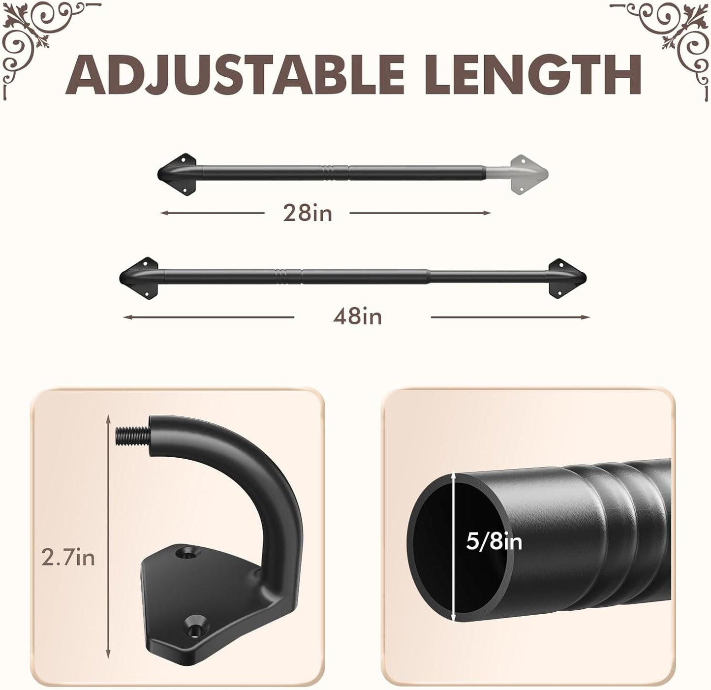Curtain Rods, No Rust Adjustable Blackout Drapery Rods, 5/8 Inch Diameter Wrap around Curtain Pole for Windows, Ideal for Bedroom, Outdoor (28-48 Inch, Black)