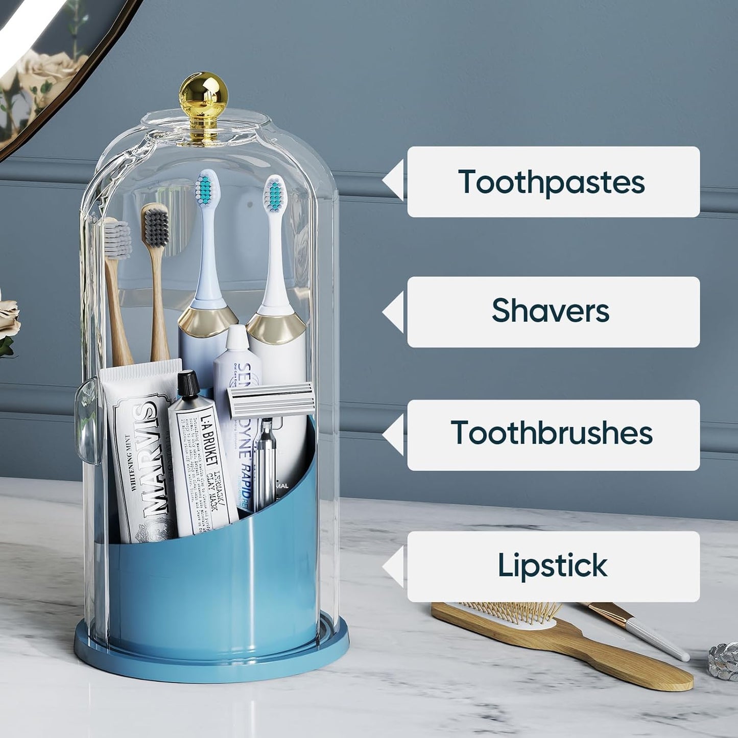 Toothbrush Holders with 360° Smooth Rotating Base, 3 Slots Bathroom Organizer Countertop with Sliding Lid, Brush Toothpaste Holder Makeup Brush Organizer for Vanity, Blue