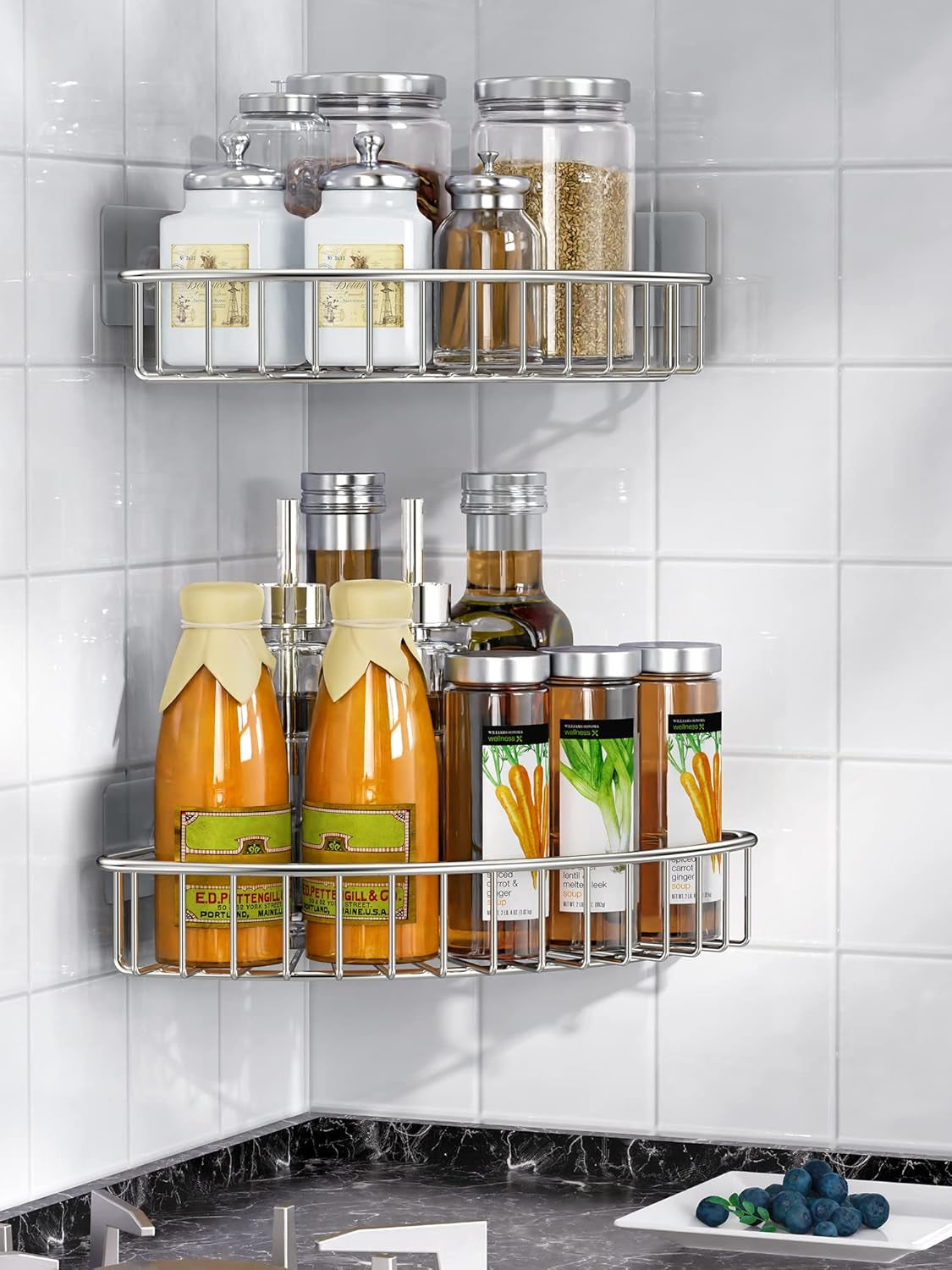 2-Pack Corner Shower Caddy, SUS304 Stainless Steel, Wall Mounted Bathroom Shelf with Adhesive, Storage Organizer for Toilet, Dorm and Kitchen (Silver)
