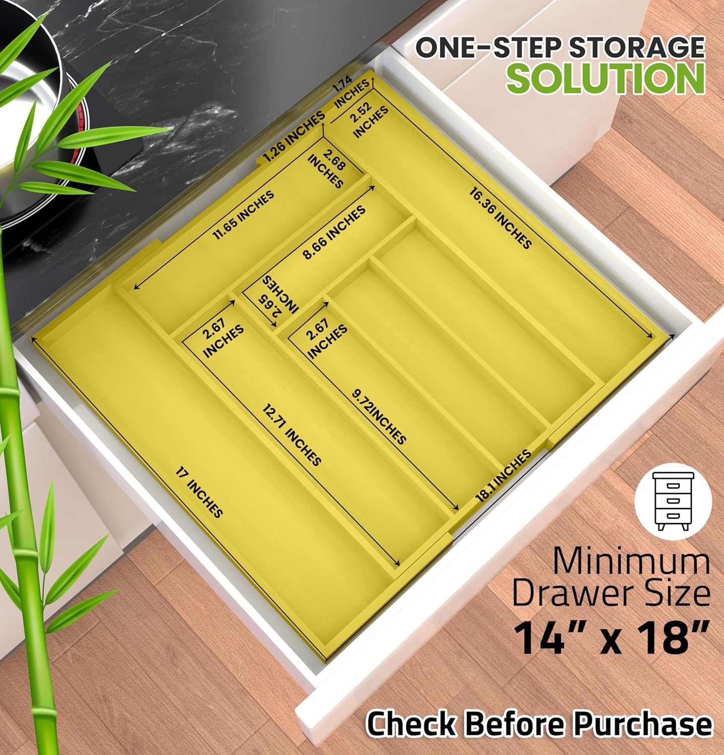 Silverware Organizer, Expandable Bamboo Utensil Drawer Organizer, Kitchen Drawer Organizer, Silverware Organizer for Cutlery, Utensils, Flatware Holder (6-8 Slots, Yellow) Pack of 1