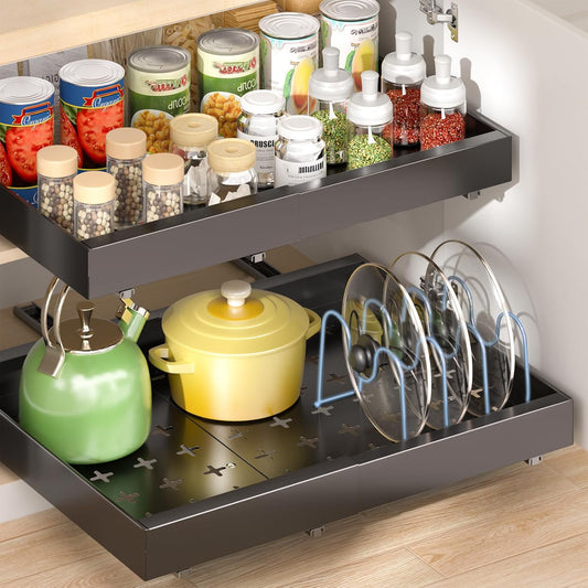 2 Pack 16" Deep Pull Out Cabinet Organizer with 6 Dividers, Expandable (11.7 "-20" W) Pull Out Drawers for Cabinets, Cabinet Trays Pull Out for Cabinets in Kitchen, Pantry or Bathroom