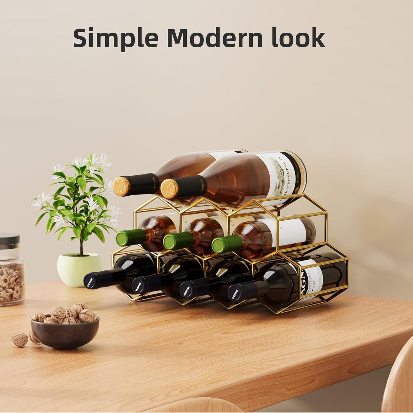 Small Gold Wine Rack 9 Bottle Holder Countertop - No Need Assembly Modern Metal Wire Wine Storage for Counter Top Table Top Coffee Bar Kitchen