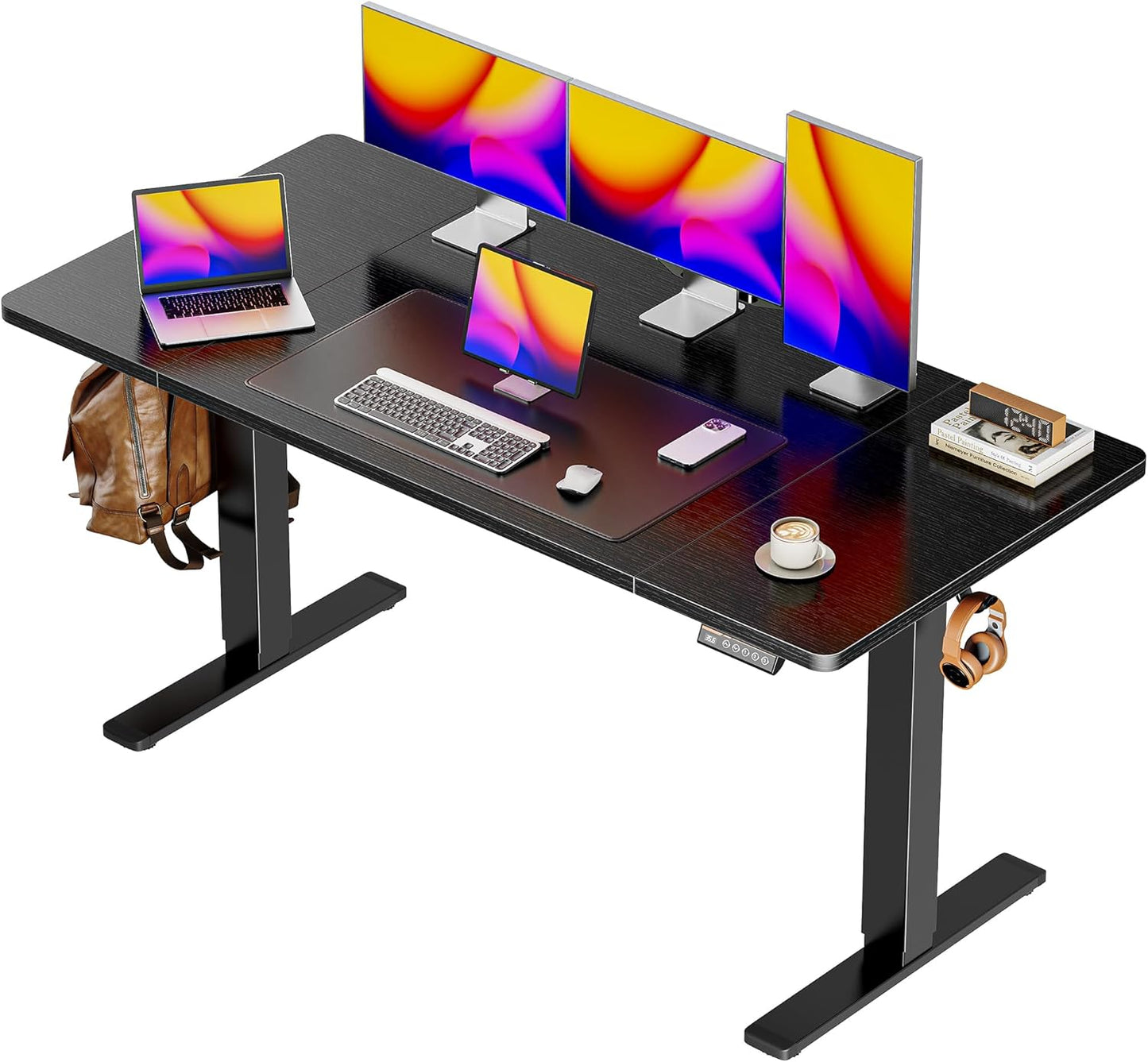 Large Electric Height Adjustable Standing Desk - 55" x 28" with 27.6" Deep Surface, 3 Preset Heights, 2 Hooks, Ideal for Home Office and Gaming, Black