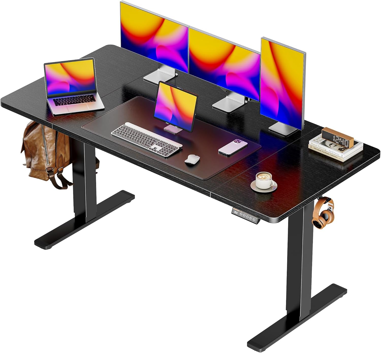 Large Electric Height Adjustable Standing Desk - 55" x 28" with 27.6" Deep Surface, 3 Preset Heights, 2 Hooks, Ideal for Home Office and Gaming, Black