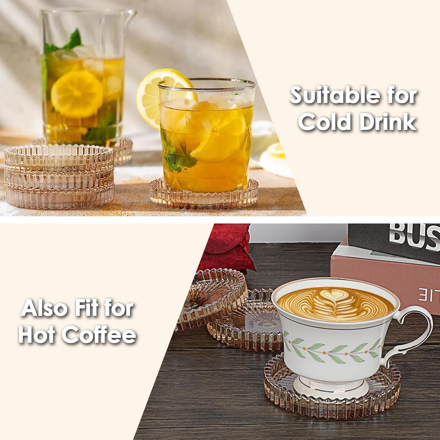 Amber Glass Coaster Set of 8 - Elegant Round Coasters for Drinks, Ideal for Coffee Tables, Offices, Kitchens, Bars, Dining Rooms, Living Rooms, and Patios