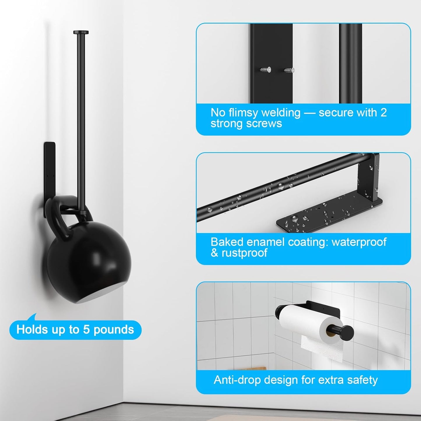 Black Paper Towel Holder under Cabinet, No Drilling under Counter Paper Towel Holder Wall Mount Towel Rack, Adhesive Toilet Paper Roll Holders for Kitchen Bathroom Fridge Pantry Garage RV Essentials