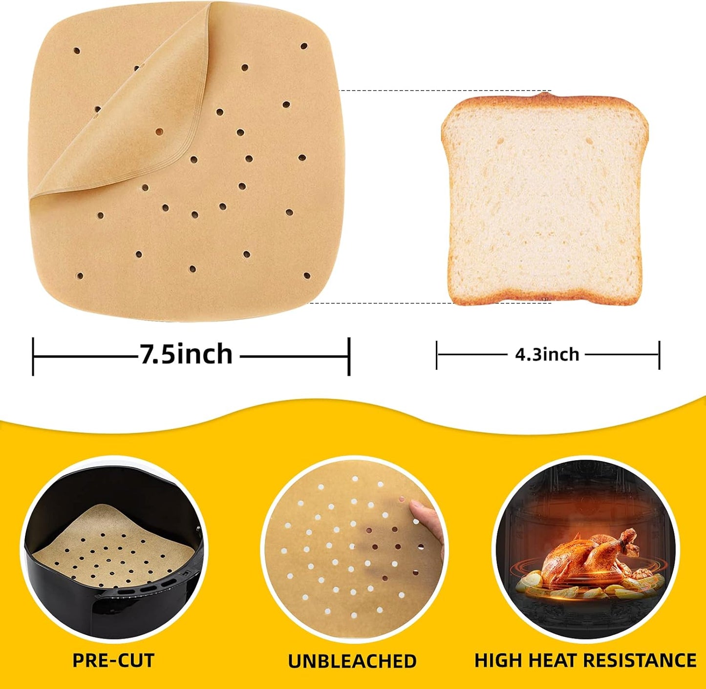 200Pcs 6.5 Inch , Unbleached Square Liners, Heavy Duty Perforated Parchment Paper for Air Fryer, Steaming Basket, Bamboo Steamer, Oven Baking