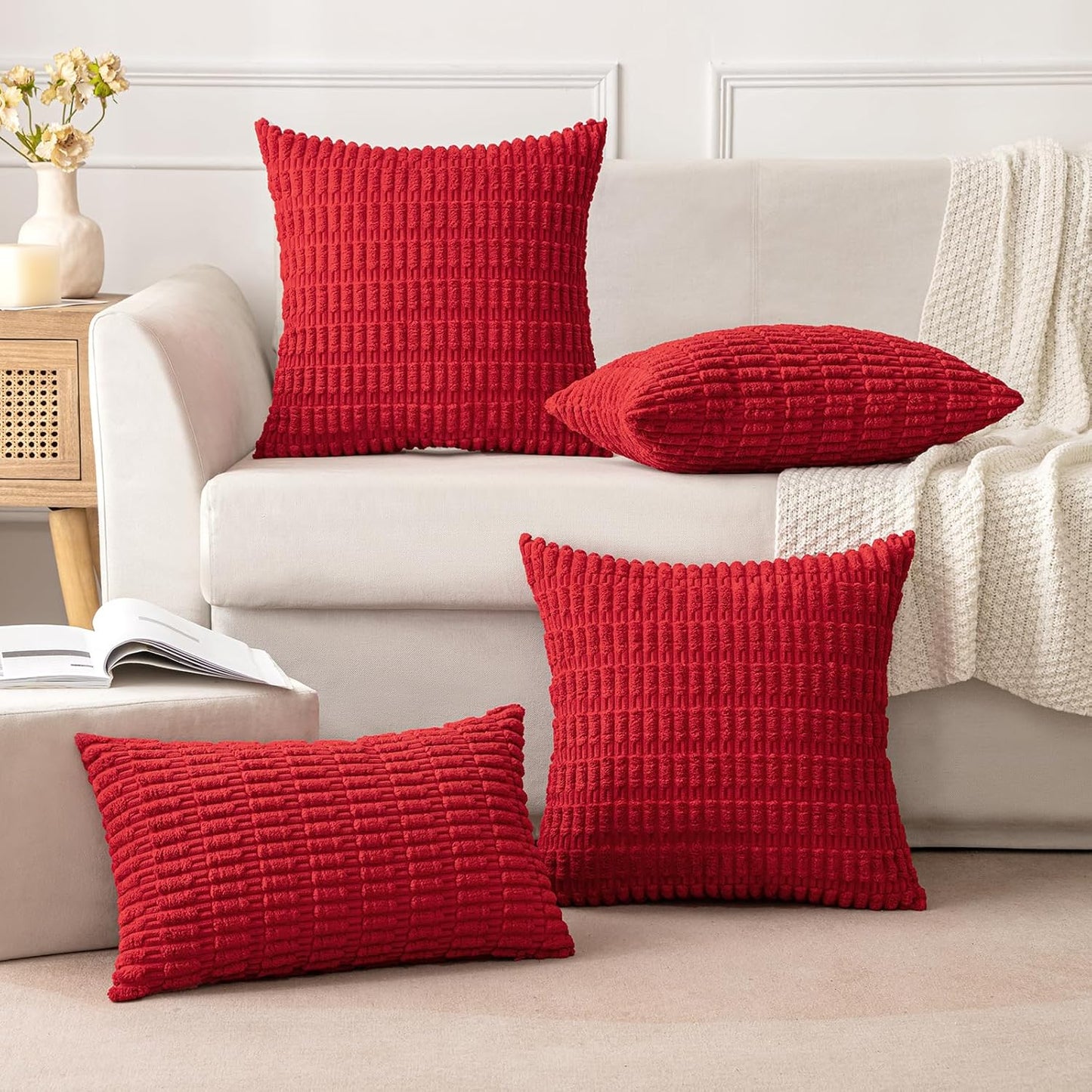 Pack of 2 Christmas Red Corduroy Decorative Pillow Covers 18X18 Inch Soft Boho Striped Throw Pillow Covers Modern Farmhouse Home Decor for Sofa Living Room Couch Bed
