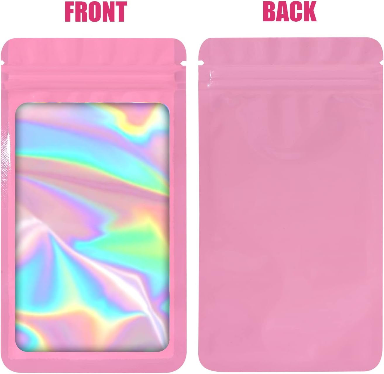 100-Pack 2×2 Inch Mylar Bags with Clear Window Holographic Resealable Sealable Packaging Zip Bag for Small Bussiness Jewelry Candy Sample Food Packing Supplies (Pink)