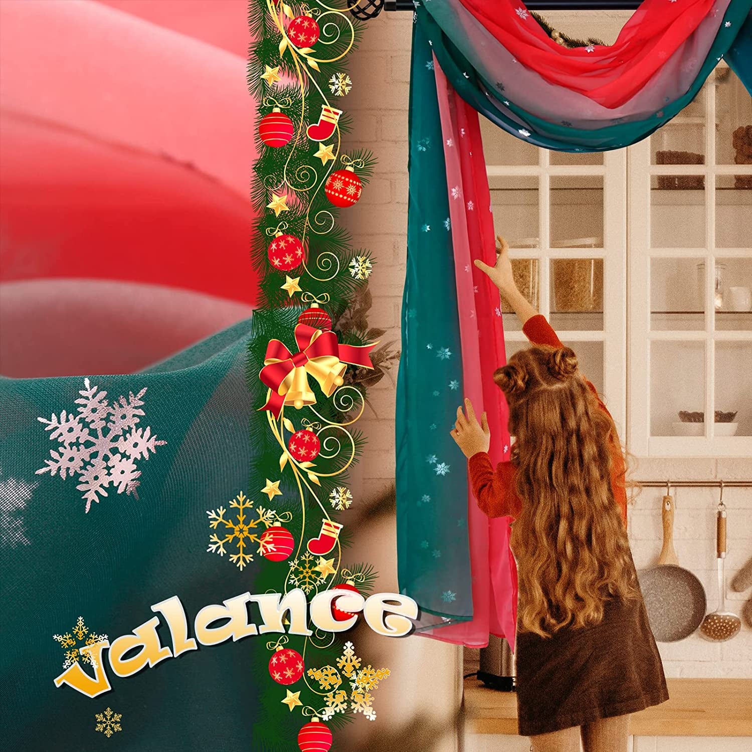 Christmas Party Scarf Curtains Snow Print Window Decoration for Living Room, Soft Ombre Sheer Voile Scarf Valance for Window, Set of 1 Panel (52 X 144 Inch, Red and Green)
