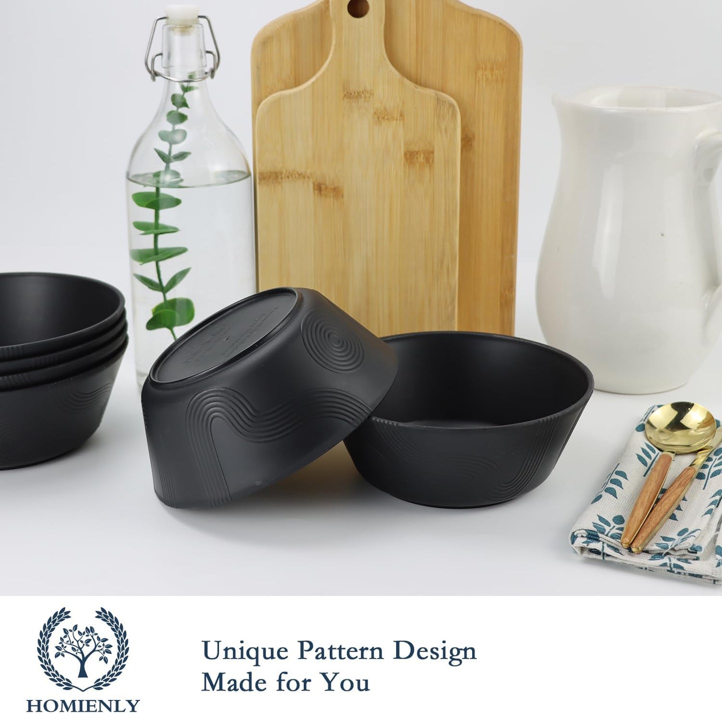 Large Wheat Straw Cereal and Soup Bowl Set - 36 Oz, Textured Design, 6 Piece Microwave and Dishwasher Safe Bowls for Kitchen, Ideal for Serving Soup, Ramen, Pho, and Salad - Black