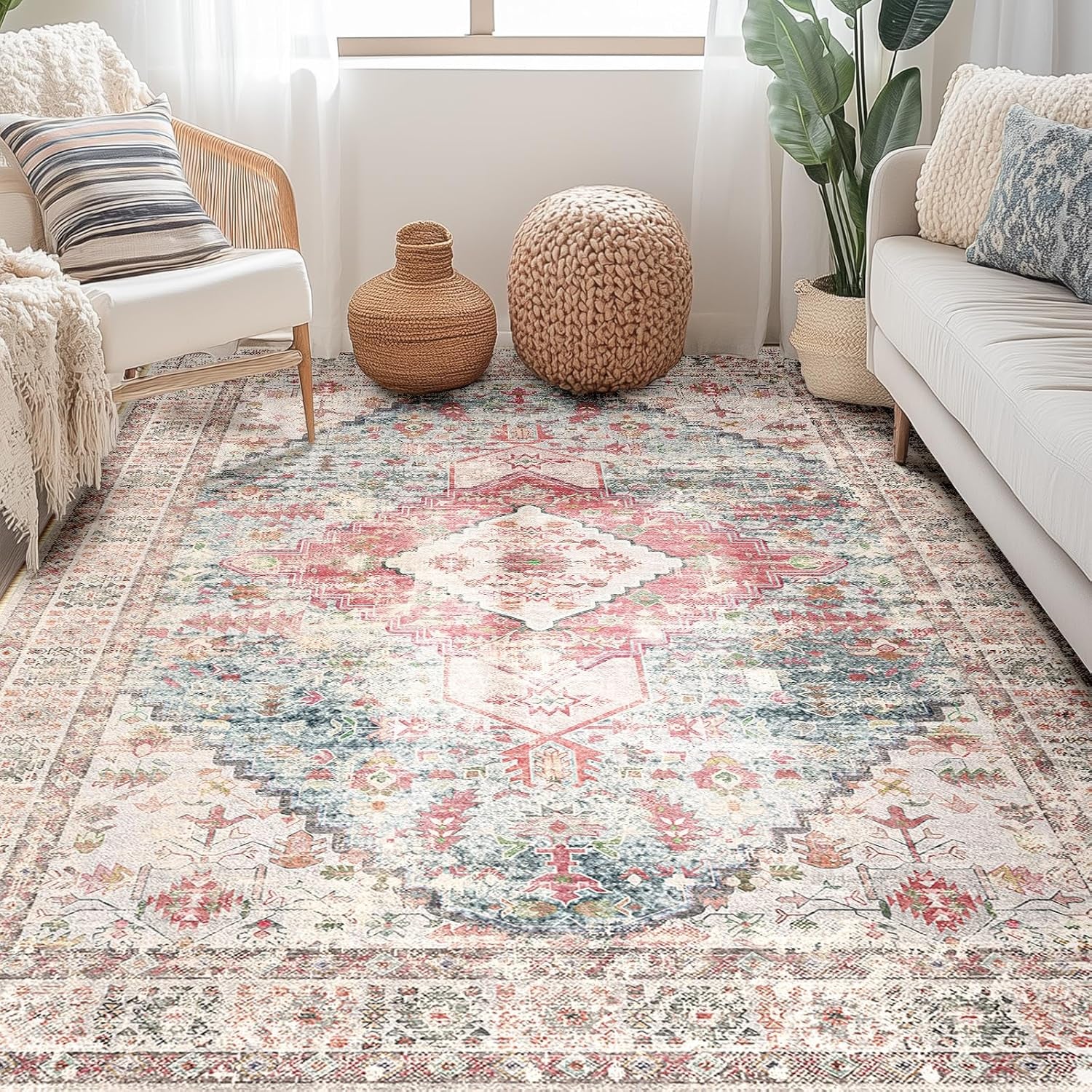 5X7 Area Rug for Living Room Washable Rugs No Pile Carpet for Entryway Bedroom Dinning Room Playroom Vintage Boho Carpet Print Distressed Non-Slip, 5 X 7 Ft, Pink