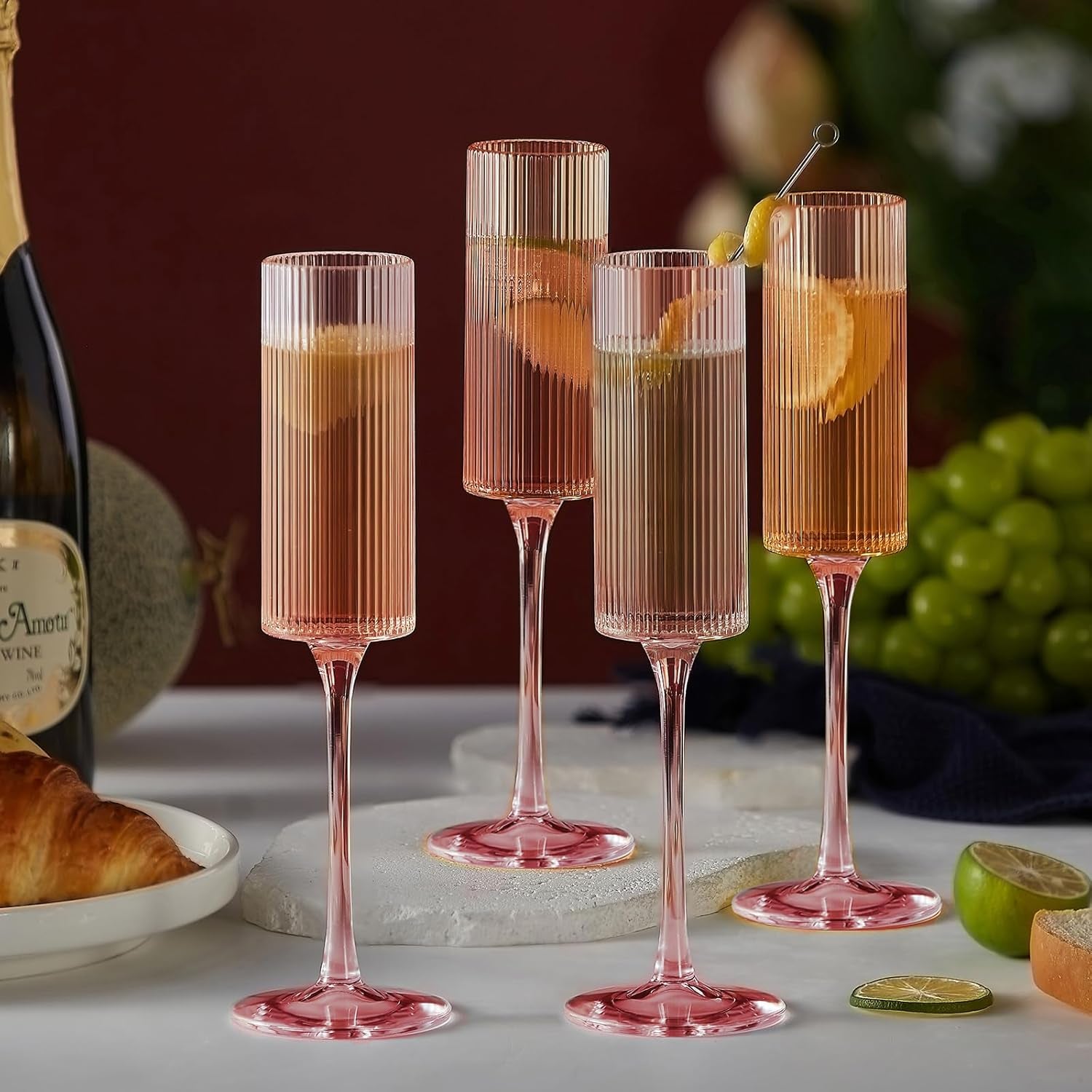 16 Pack Plastic Champagne Flutes, 5.5 Oz Unbreakable Goblet Glasses Reusable Champagne Toasting Cups - Modern & Elegant for Wedding Party Anniversary Christmas Birthday (5.5Oz-Ribbed-Pink-16Pack)