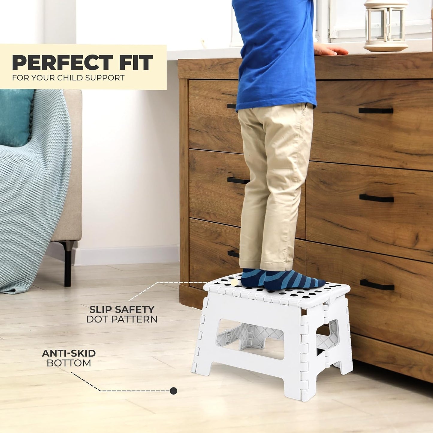 Folding Step Stool with 9 Inch Height (Pack of 1) - Holds up to 300 Lbs - Lightweight Plastic Foldable Step Stool for Kitchen, Bathroom & Living Room (White)