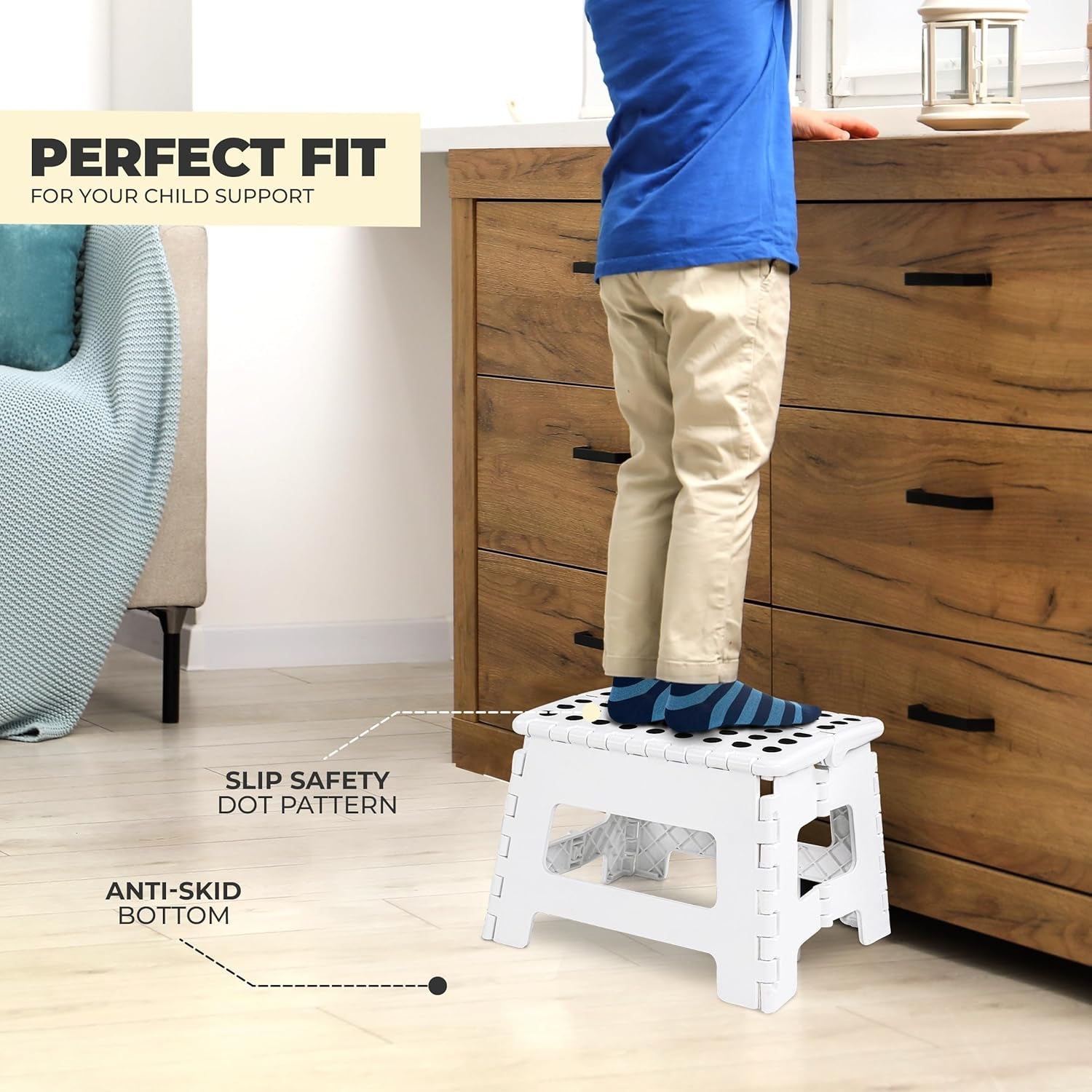 Folding Step Stool with 9 Inch Height (Pack of 1) - Holds up to 300 Lbs - Lightweight Plastic Foldable Step Stool for Kitchen, Bathroom & Living Room (White)