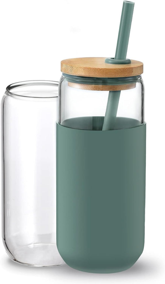 20Oz Glass Water Tumbler with Silicone Protective Sleeve - Beer Shaped Glass Cups with Straw and Bamboo Lid, Iced Coffee Glasses, Cute Drinking Glasses for Water, Smoothie, Gift - Cambridge Blue