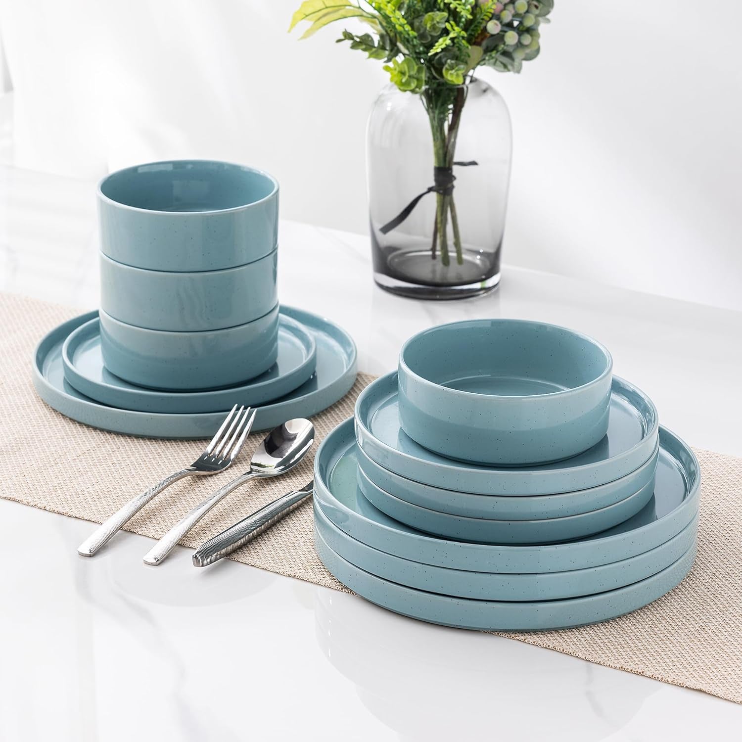 12-Piece Stoneware Dinnerware Set for 4 - Speckled Plates and Bowls with Glazed Bottom, Chip and Scratch Resistant, Dishwasher and Microwave Safe (Stone Blue)