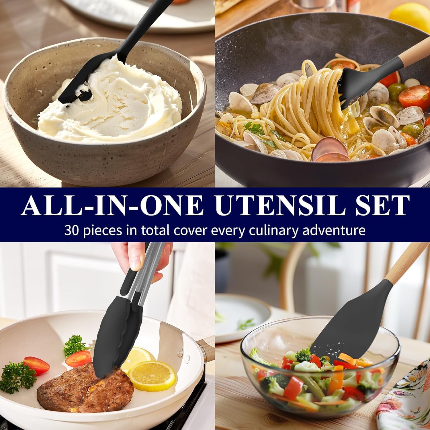 Kitchen Utensils Set - 30 PCS, Silicone Cooking Utensils Set with Holder, 446℉ Heat-Resistant Silicone Kitchen Utensils Set with Wooden Handle for Non-Stick Cookware, Black