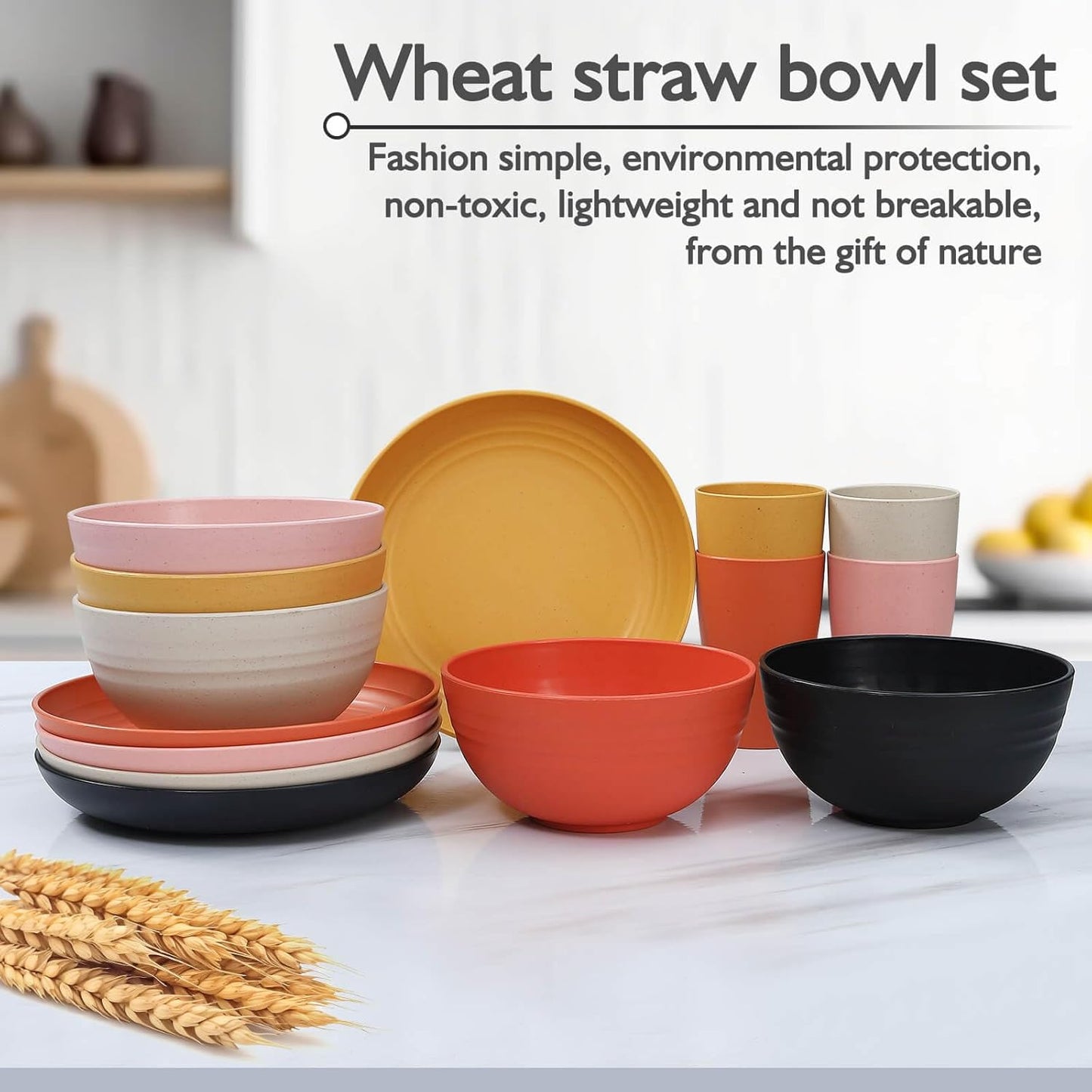 12-Piece Kids' Wheat Straw Dinnerware Set, Microwave-Safe Plates and Bowls for 4 (Black)