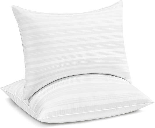 ® Goose Feather down Pillows, Luxury Hotel Collection Bed Pillows for Sleeping Set of 2, 100% Cotton Cover with Silver Stripe, Standard Size